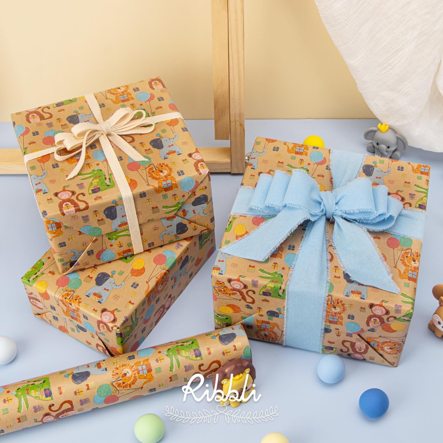 Ribbli Birthday Wrapping Paper Animal and Balloon Vintage Style Kraft Mini Roll Paper Perfect for Baby Shower Boys Girls Kids Birthday – 17Inch x 394Inch(33Feet)(Kraft/Animal)