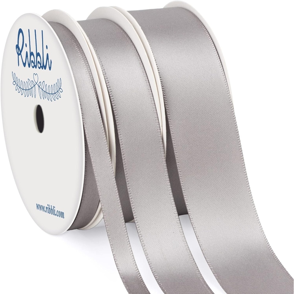Ribbli 3 Rolls Double Faced Satin Red Craft Ribbon,Total 30 Yards,(1/4 Inch x 10-Yard,5/8 Inch x 10-Yard,1 Inch x 10-Yard),Use for Bows Bouquet,Wreath,Gift Wrapping,Christmas Decoration(Silver)