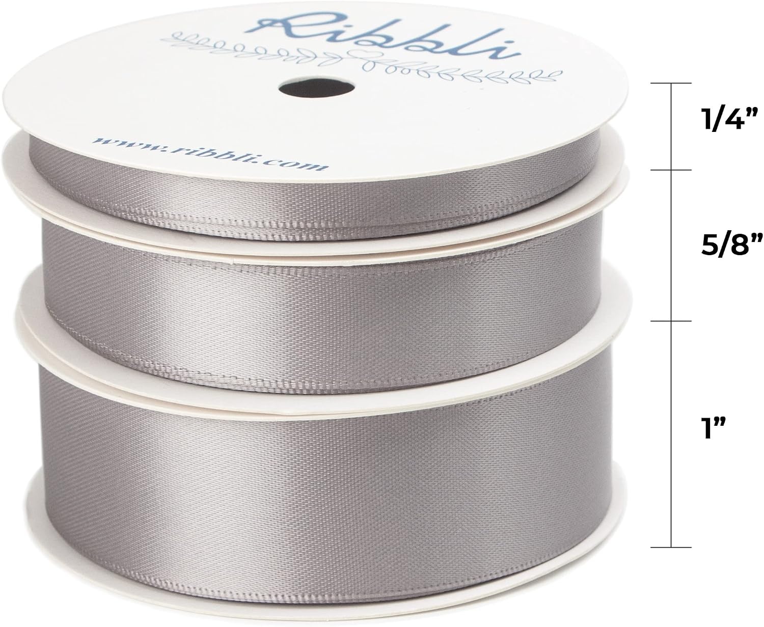 Ribbli 3 Rolls Double Faced Satin Red Craft Ribbon,Total 30 Yards,(1/4 Inch x 10-Yard,5/8 Inch x 10-Yard,1 Inch x 10-Yard),Use for Bows Bouquet,Wreath,Gift Wrapping,Christmas Decoration(Silver)