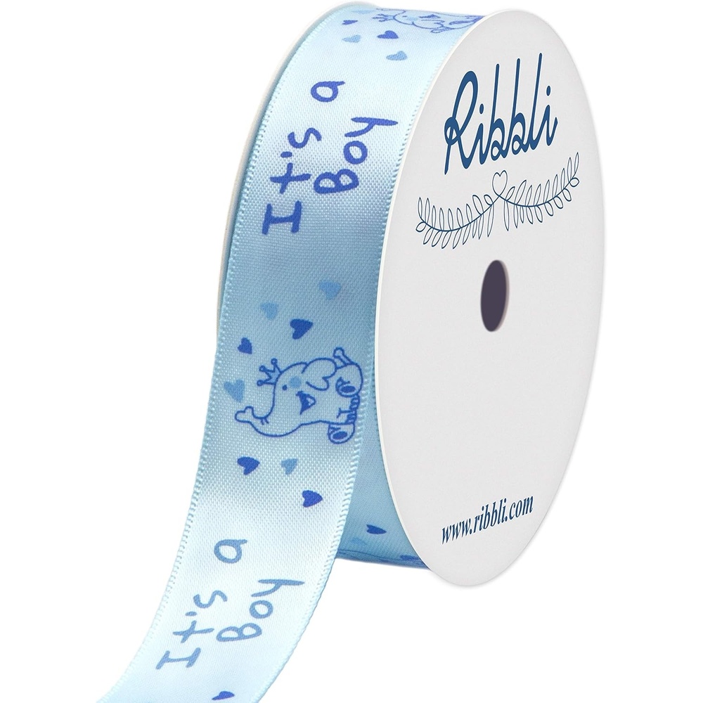 Ribbli Satin Elephant Baby Boy Craft Ribbon,7/8-Inch x 10-Yard,Light Blue,Use for Hair Bows,Wreath,Birthday,Baby Shower,Diaper Cake,Gift Wrapping,Party Decoration,All Crafting and Sewing(Baby Blue)