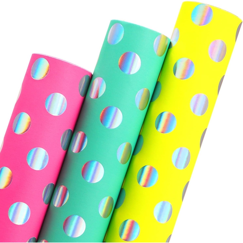 Ribbli Birthday Wrapping Paper Polka Dots Gift Wrap for Baby Shower Roll, 3 Rolls Pink White Blue Dots Pattern with Gold Foil – 17 inch x 120 inch(10feet) Per Roll(Hot Pink/Aqua/Yellow)