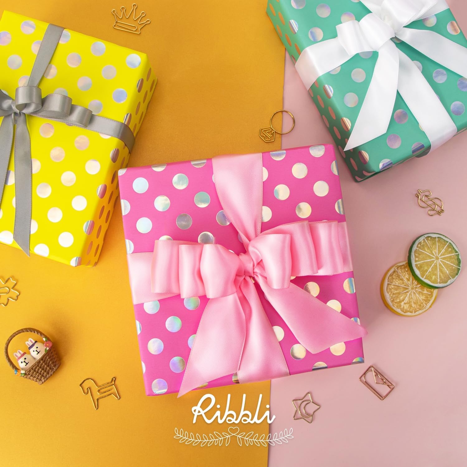 Ribbli Birthday Wrapping Paper Polka Dots Gift Wrap for Baby Shower Roll, 3 Rolls Pink White Blue Dots Pattern with Gold Foil – 17 inch x 120 inch(10feet) Per Roll(Hot Pink/Aqua/Yellow)