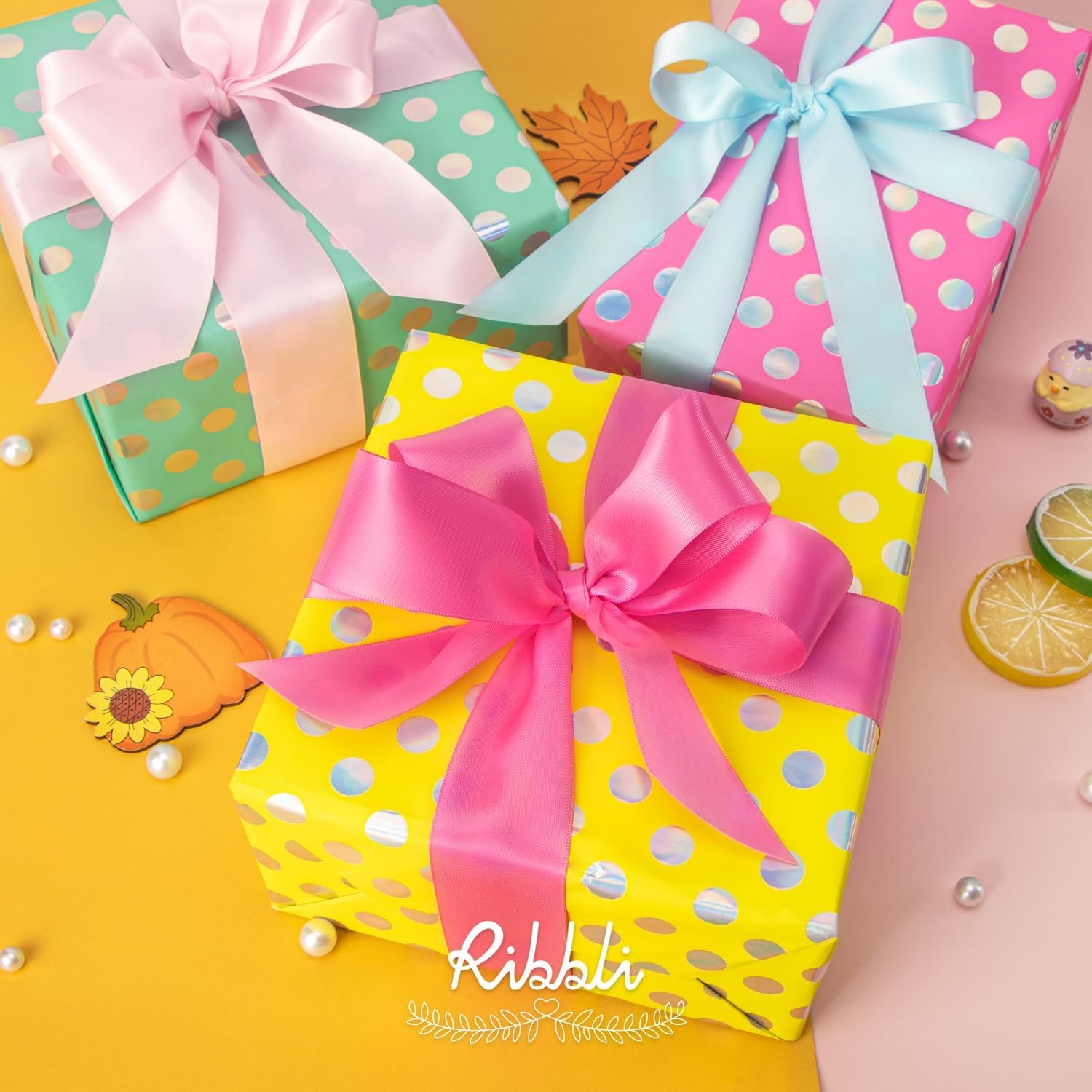 Ribbli Birthday Wrapping Paper Polka Dots Gift Wrap for Baby Shower Roll, 3 Rolls Pink White Blue Dots Pattern with Gold Foil – 17 inch x 120 inch(10feet) Per Roll(Hot Pink/Aqua/Yellow)