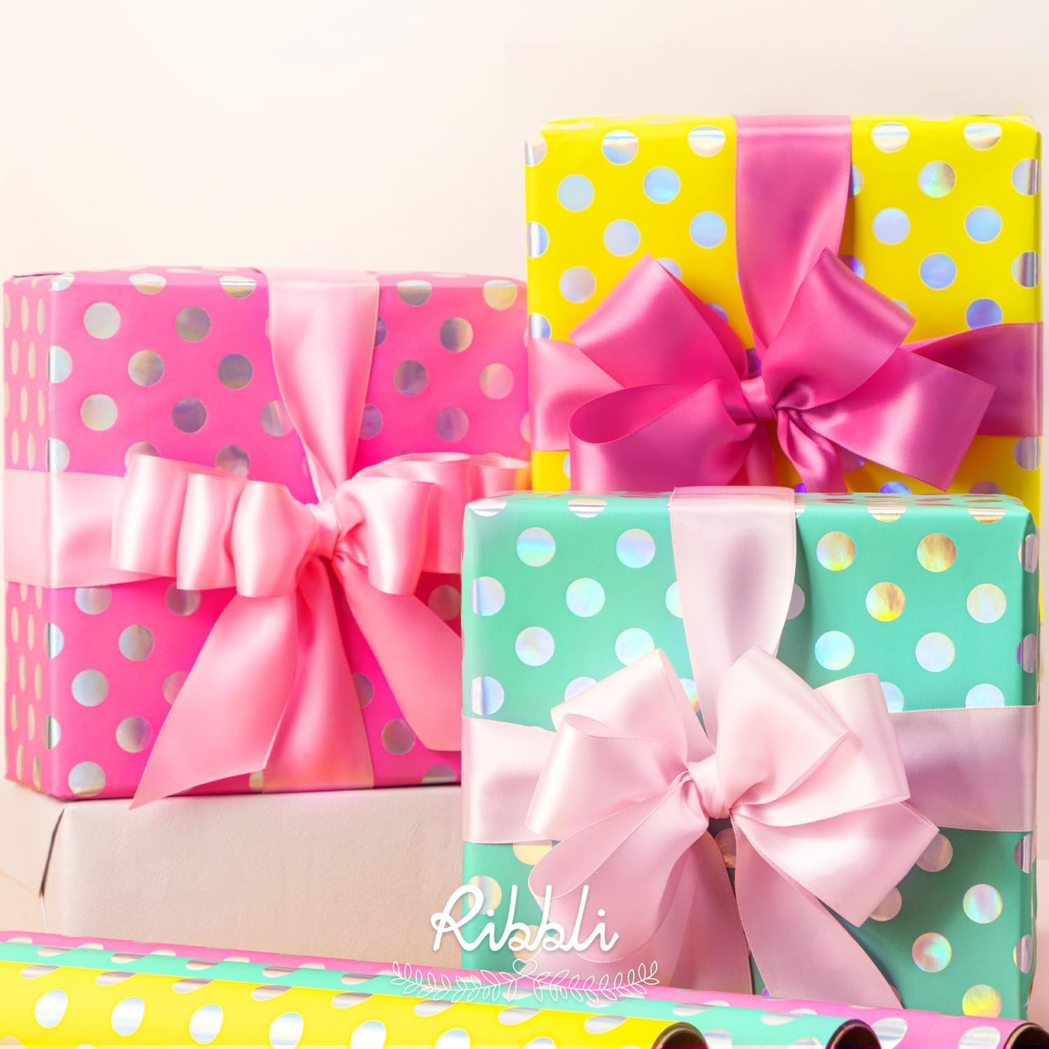 Ribbli Birthday Wrapping Paper Polka Dots Gift Wrap for Baby Shower Roll, 3 Rolls Pink White Blue Dots Pattern with Gold Foil – 17 inch x 120 inch(10feet) Per Roll(Hot Pink/Aqua/Yellow)
