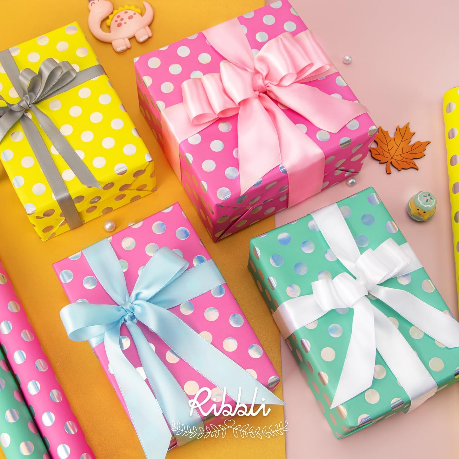 Ribbli Birthday Wrapping Paper Polka Dots Gift Wrap for Baby Shower Roll, 3 Rolls Pink White Blue Dots Pattern with Gold Foil – 17 inch x 120 inch(10feet) Per Roll(Hot Pink/Aqua/Yellow)
