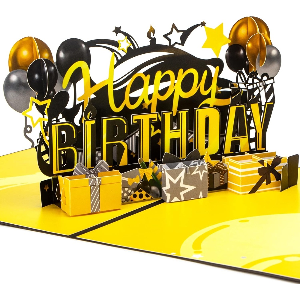Ribbli Birthday Card 3D Black and Gold Pop up Happy Birthday Cards for Men, with Envelope