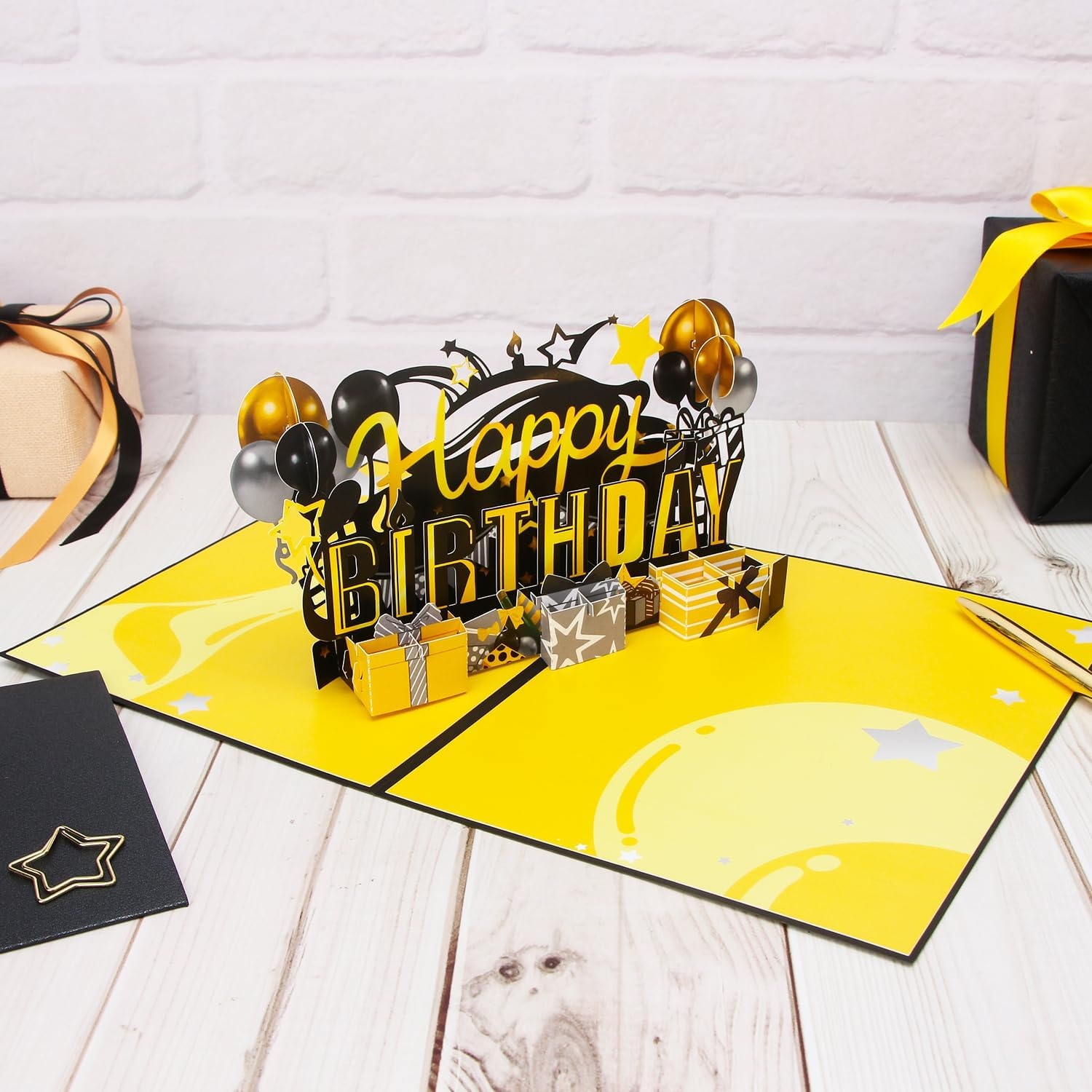 Ribbli Birthday Card 3D Black and Gold Pop up Happy Birthday Cards for Men, with Envelope