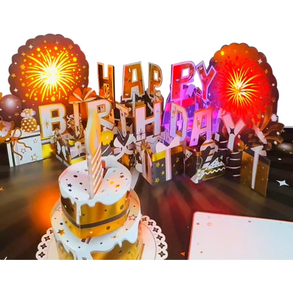 Ribbli Birthday Cards, Firework Pop Up Card with Light and Music, Musical Birthday Card for Men Women, 8.2 x 5.7 Inches with Envelope