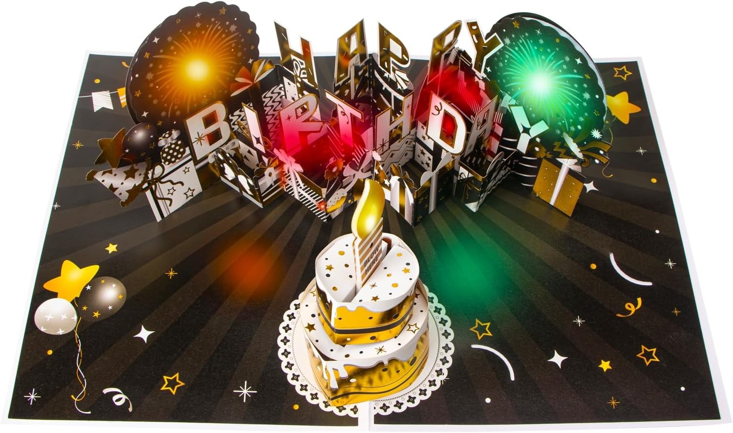 Ribbli Birthday Cards, Firework Pop Up Card with Light and Music, Musical Birthday Card for Men Women, 8.2 x 5.7 Inches with Envelope