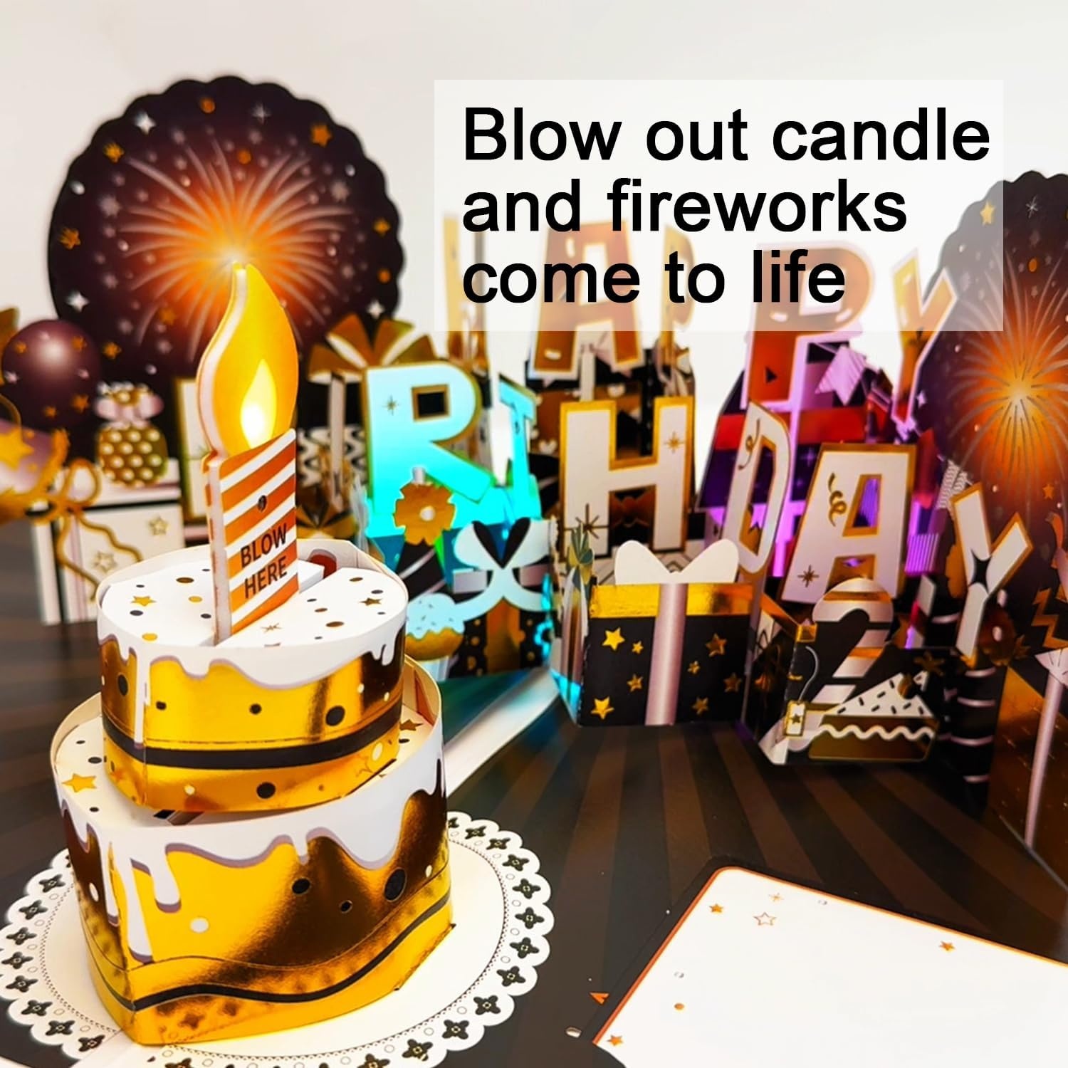 Ribbli Birthday Cards, Firework Pop Up Card with Light and Music, Musical Birthday Card for Men Women, 8.2 x 5.7 Inches with Envelope