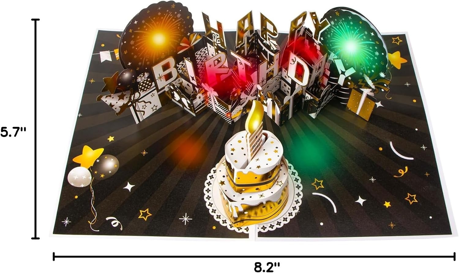 Ribbli Birthday Cards, Firework Pop Up Card with Light and Music, Musical Birthday Card for Men Women, 8.2 x 5.7 Inches with Envelope