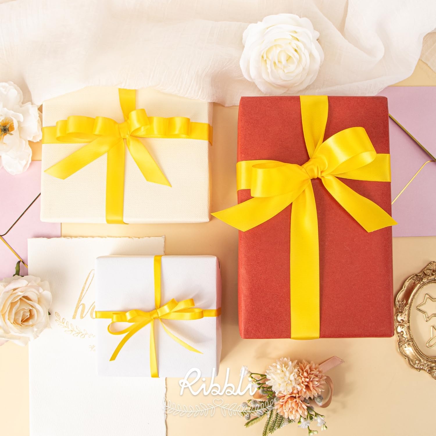Ribbli 3 Rolls Double Faced Satin Red Craft Ribbon,Total 30 Yards,(1/4 Inch x 10-Yard,5/8 Inch x 10-Yard,1 Inch x 10-Yard),Use for Bows Bouquet,Wreath,Gift Wrapping,Christmas Decoration(Maize)