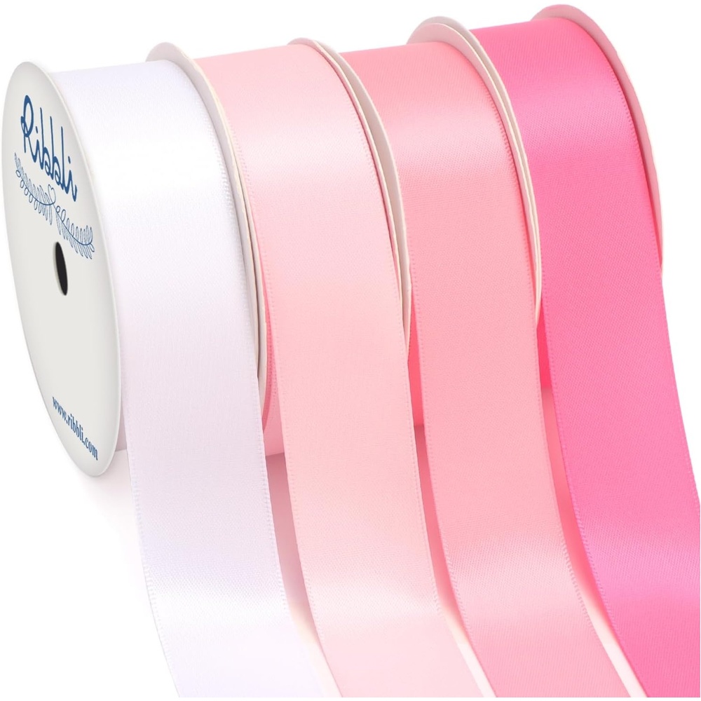 Ribbli Dusty Blue Satin Ribbon 3/8 Inch x 4 Rolls Total 40 Yards- Light Blue/Dusty Blue/Smoke Blue/Light Navy Ribbon for Wrapping and Craft(Pink)