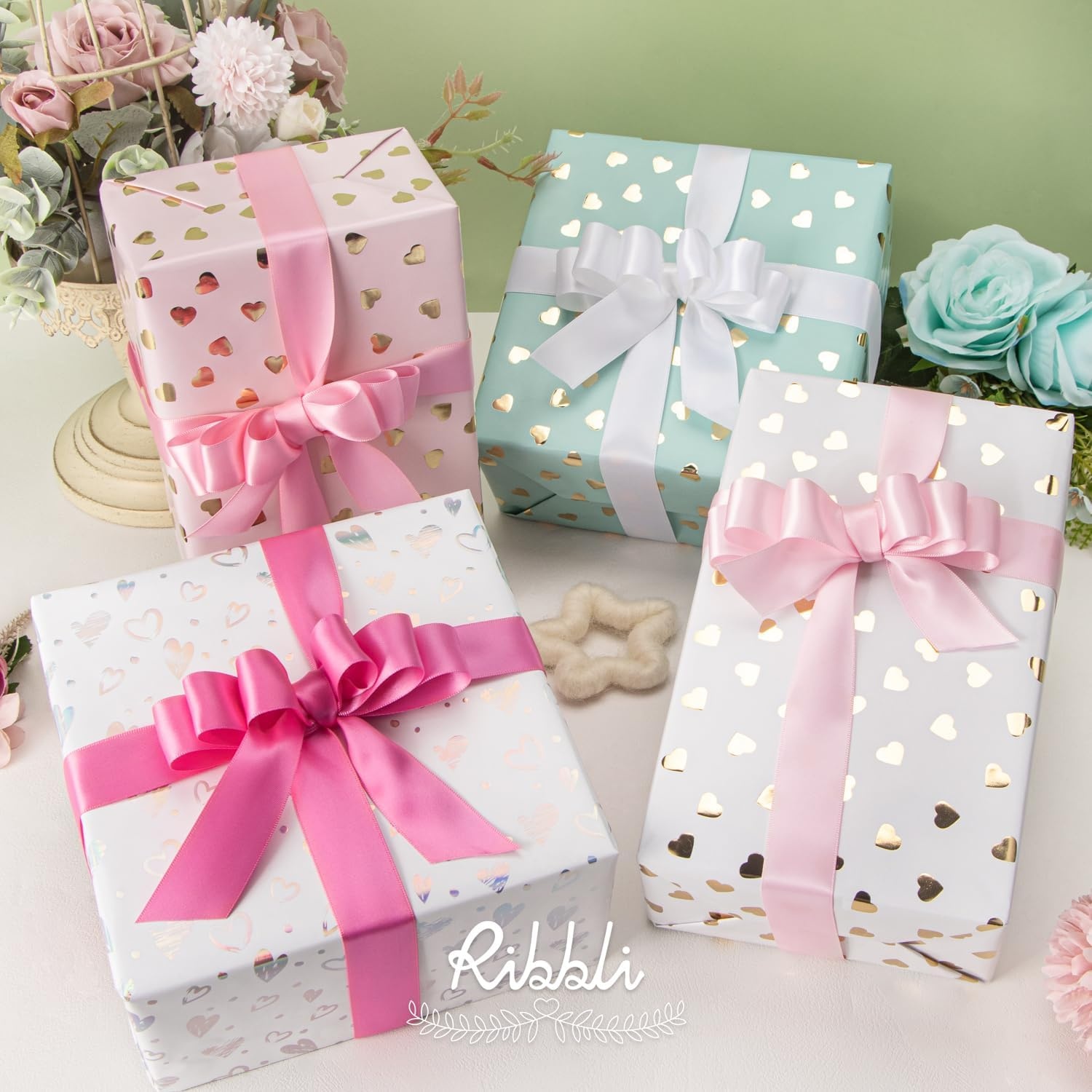 Ribbli Dusty Blue Satin Ribbon 3/8 Inch x 4 Rolls Total 40 Yards- Light Blue/Dusty Blue/Smoke Blue/Light Navy Ribbon for Wrapping and Craft(Pink)