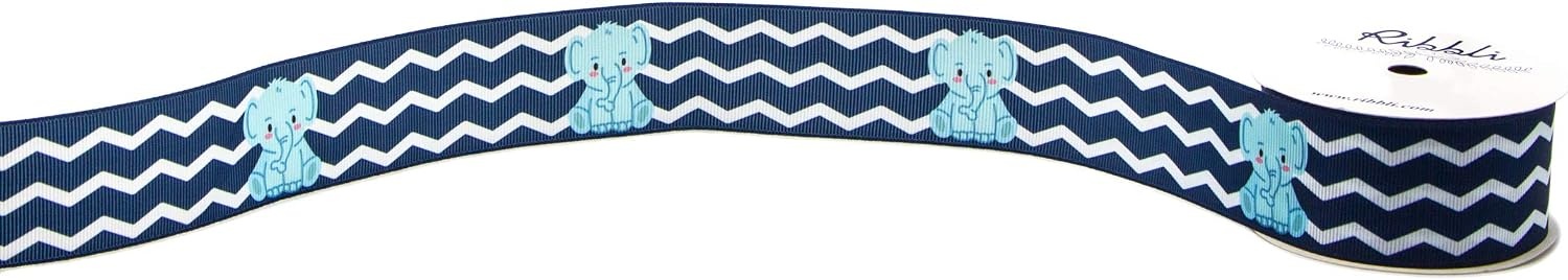 Ribbli Grosgrain Elephant Baby Chevron Craft Ribbon,1-1/2 Inch x 10 Yard,White/Navy/Light Blue,Use for Hair Bows,Wreath,Birthday,Baby Shower,Diaper Cake,Gift Wrapping,Party Decoration