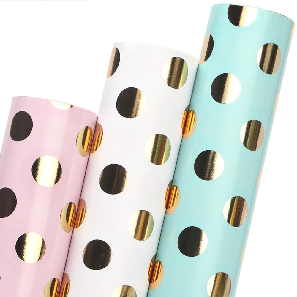 Ribbli Birthday Wrapping Paper Polka Dots Gift Wrap for Baby Shower Roll, 3 Rolls Pink White Blue Dots Pattern with Gold Foil – 17 inch x 120 inch(10feet) Per Roll(Pink/White/Blue)