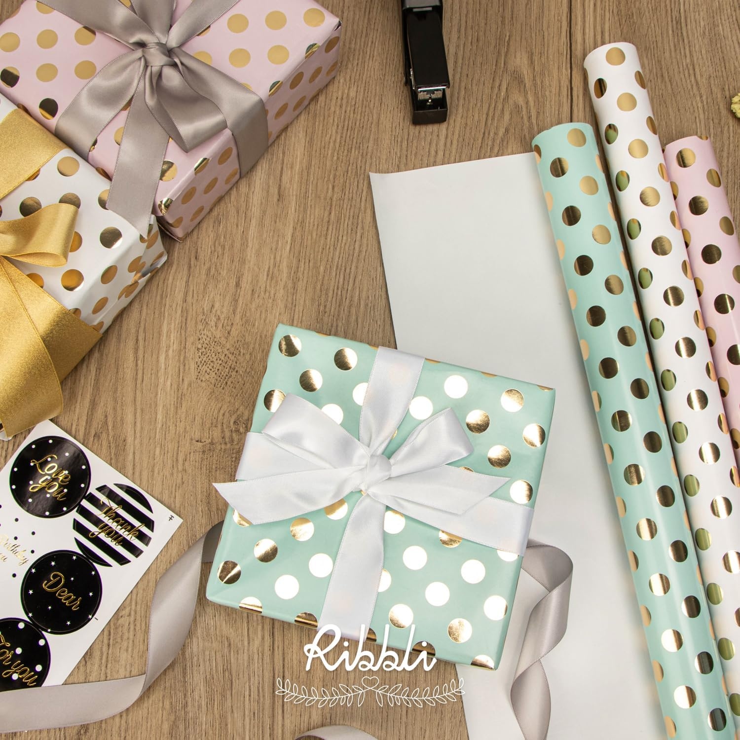 Ribbli Birthday Wrapping Paper Polka Dots Gift Wrap for Baby Shower Roll, 3 Rolls Pink White Blue Dots Pattern with Gold Foil – 17 inch x 120 inch(10feet) Per Roll(Pink/White/Blue)