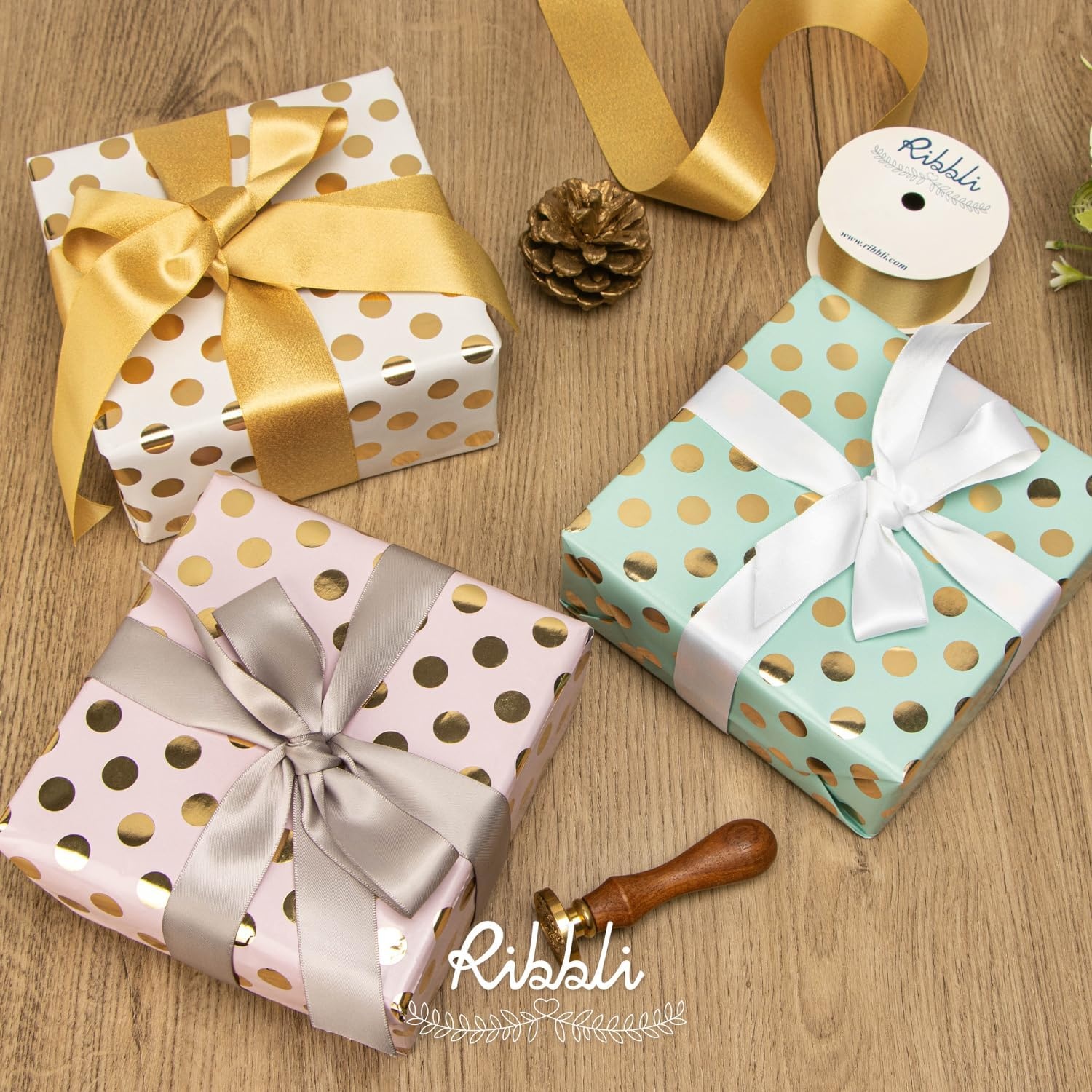 Ribbli Birthday Wrapping Paper Polka Dots Gift Wrap for Baby Shower Roll, 3 Rolls Pink White Blue Dots Pattern with Gold Foil – 17 inch x 120 inch(10feet) Per Roll(Pink/White/Blue)