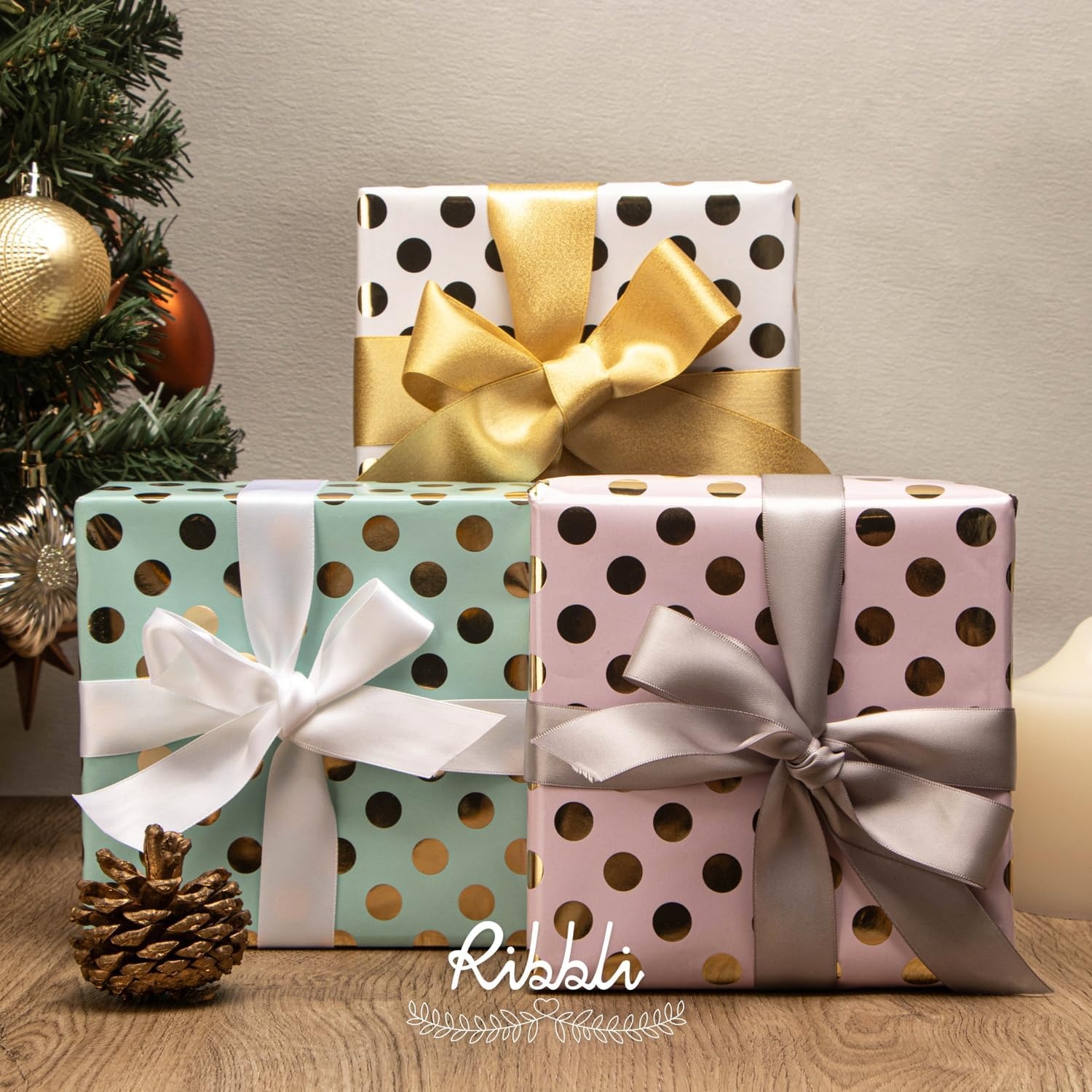 Ribbli Birthday Wrapping Paper Polka Dots Gift Wrap for Baby Shower Roll, 3 Rolls Pink White Blue Dots Pattern with Gold Foil – 17 inch x 120 inch(10feet) Per Roll(Pink/White/Blue)