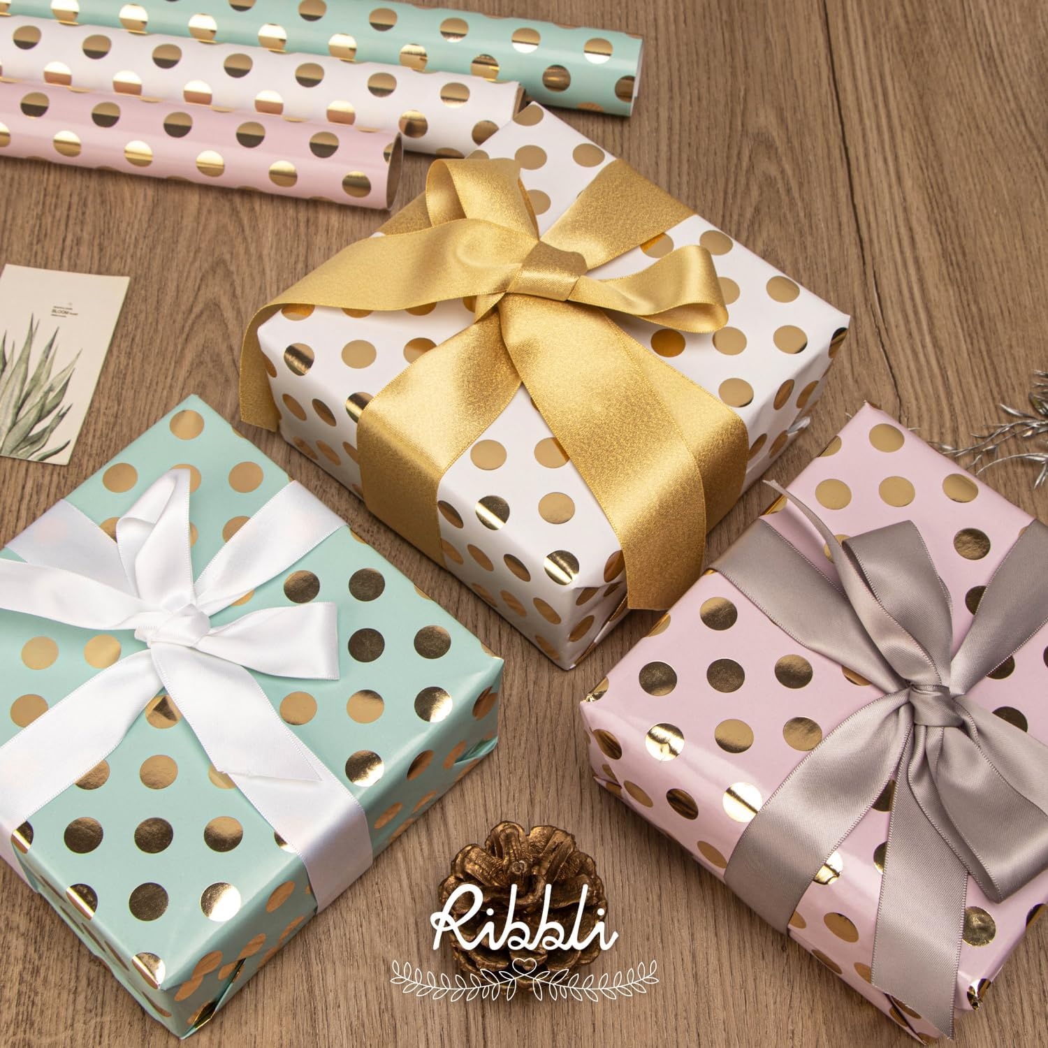 Ribbli Birthday Wrapping Paper Polka Dots Gift Wrap for Baby Shower Roll, 3 Rolls Pink White Blue Dots Pattern with Gold Foil – 17 inch x 120 inch(10feet) Per Roll(Pink/White/Blue)