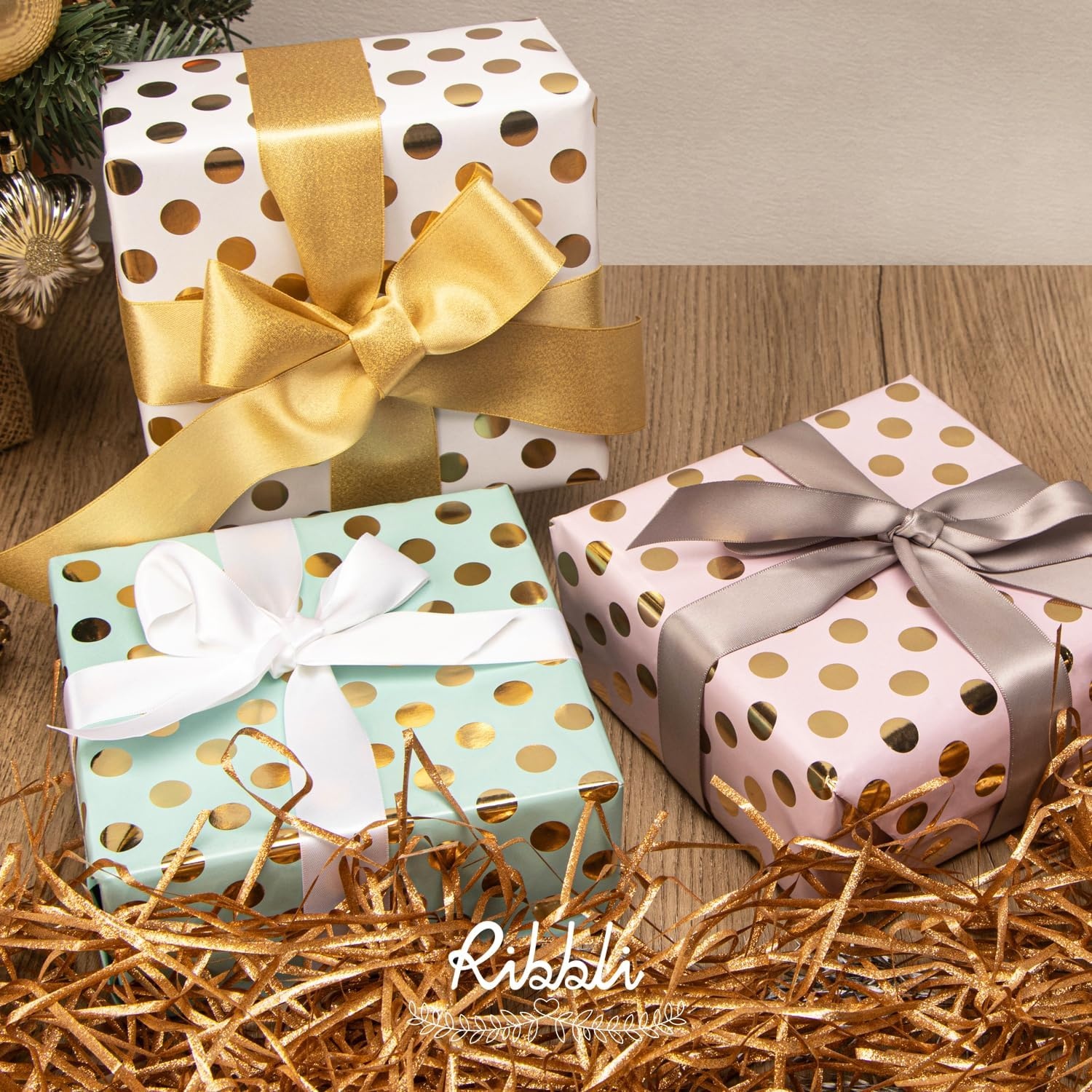 Ribbli Birthday Wrapping Paper Polka Dots Gift Wrap for Baby Shower Roll, 3 Rolls Pink White Blue Dots Pattern with Gold Foil – 17 inch x 120 inch(10feet) Per Roll(Pink/White/Blue)