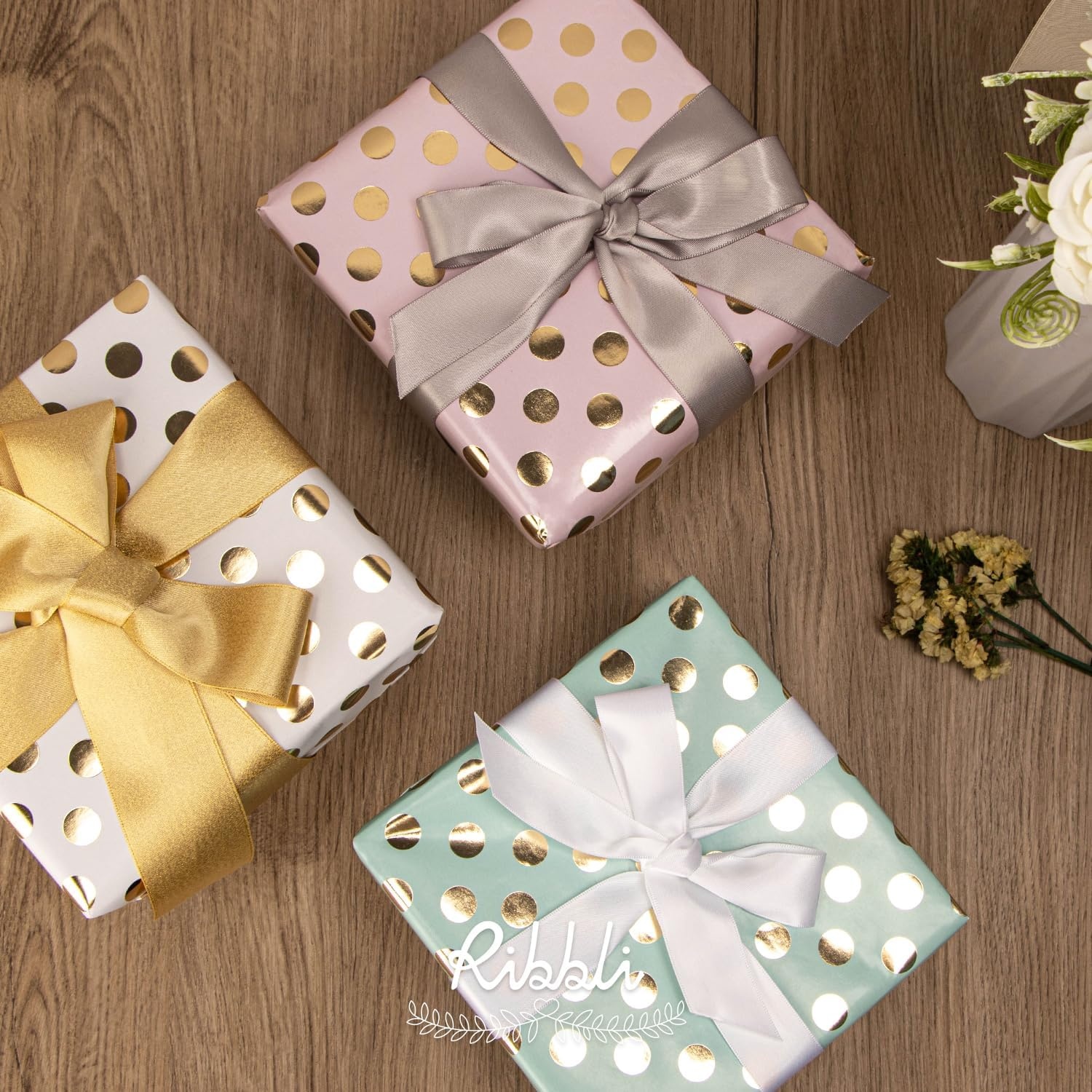Ribbli Birthday Wrapping Paper Polka Dots Gift Wrap for Baby Shower Roll, 3 Rolls Pink White Blue Dots Pattern with Gold Foil – 17 inch x 120 inch(10feet) Per Roll(Pink/White/Blue)