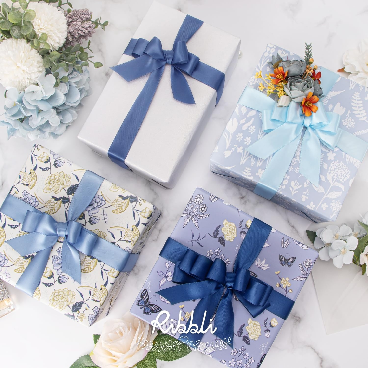Ribbli Dusty Blue Satin Ribbon 3/8 Inch x 4 Rolls Total 40 Yards- Light Blue/Dusty Blue/Smoke Blue/Light Navy Ribbon for Wrapping and Craft(Dusty Blue)