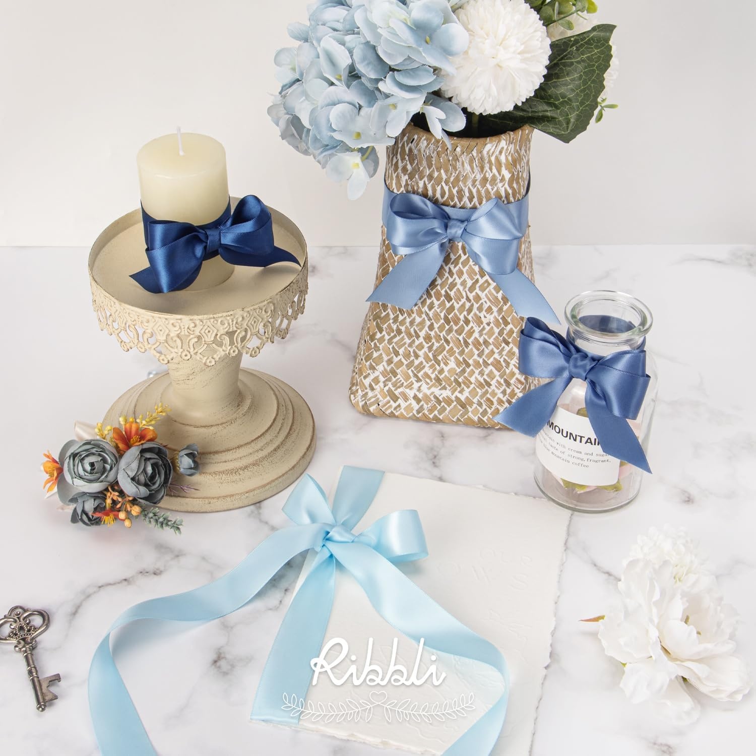 Ribbli Dusty Blue Satin Ribbon 3/8 Inch x 4 Rolls Total 40 Yards- Light Blue/Dusty Blue/Smoke Blue/Light Navy Ribbon for Wrapping and Craft(Dusty Blue)