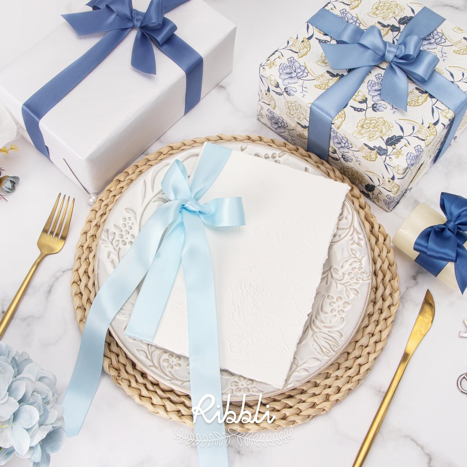 Ribbli Dusty Blue Satin Ribbon 3/8 Inch x 4 Rolls Total 40 Yards- Light Blue/Dusty Blue/Smoke Blue/Light Navy Ribbon for Wrapping and Craft(Dusty Blue)