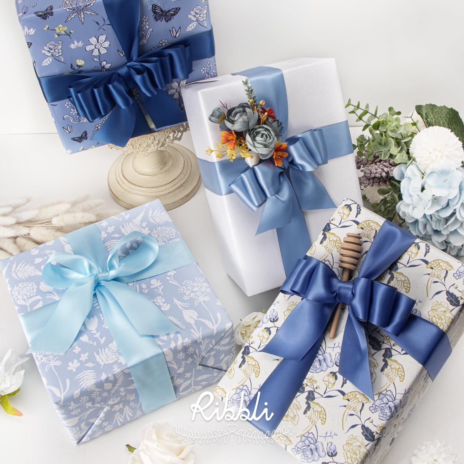 Ribbli Dusty Blue Satin Ribbon 3/8 Inch x 4 Rolls Total 40 Yards- Light Blue/Dusty Blue/Smoke Blue/Light Navy Ribbon for Wrapping and Craft(Dusty Blue)