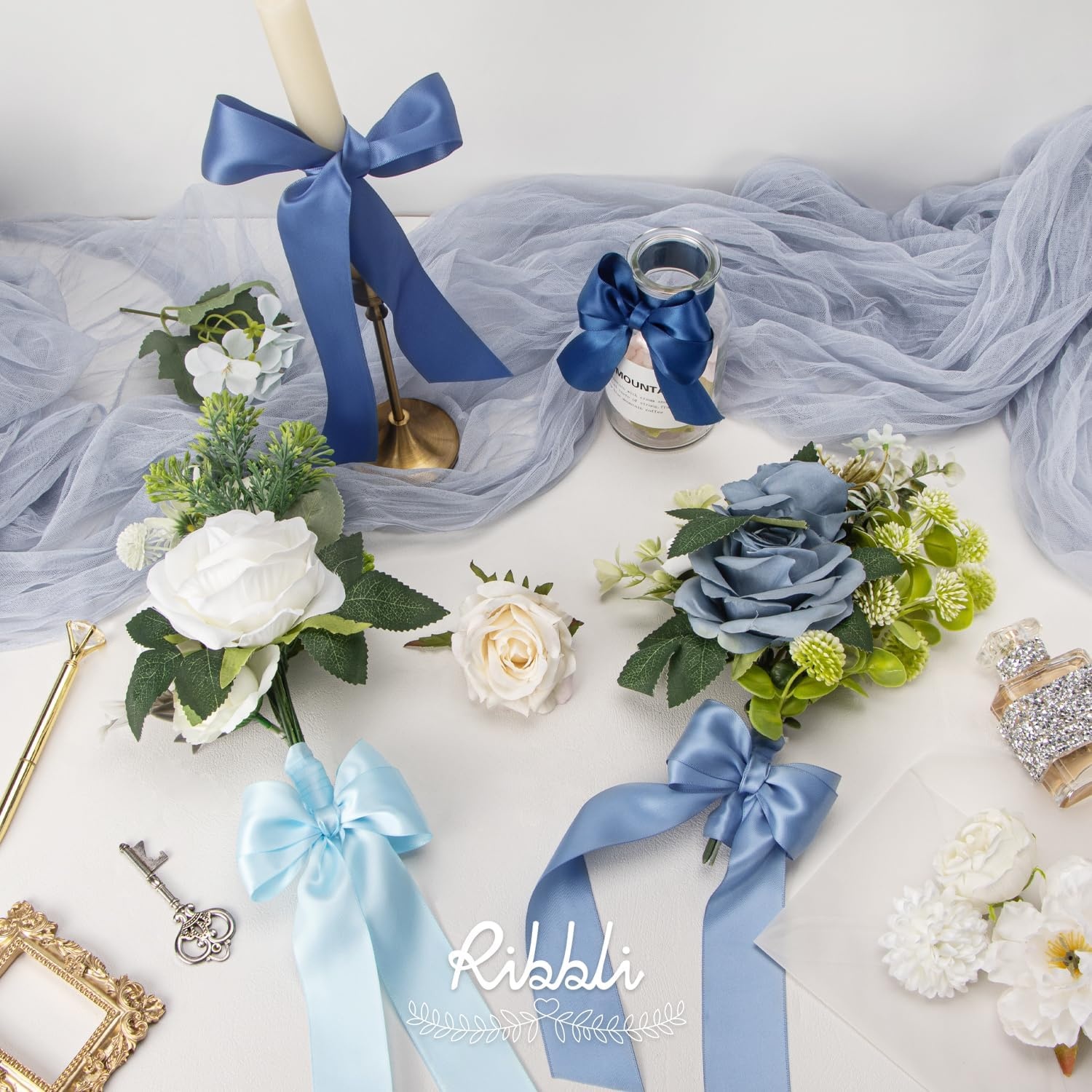 Ribbli Dusty Blue Satin Ribbon 3/8 Inch x 4 Rolls Total 40 Yards- Light Blue/Dusty Blue/Smoke Blue/Light Navy Ribbon for Wrapping and Craft(Dusty Blue)