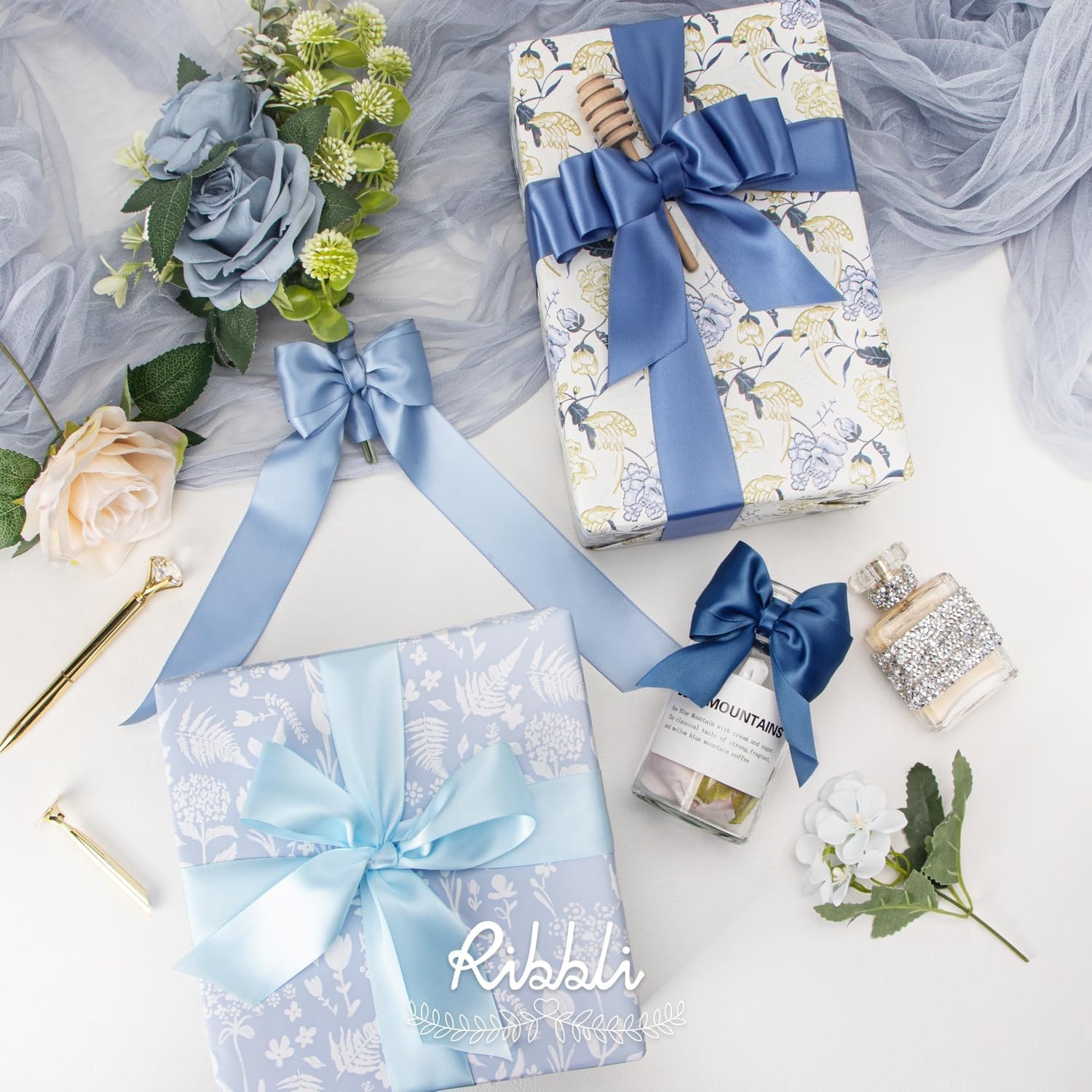 Ribbli Dusty Blue Satin Ribbon 3/8 Inch x 4 Rolls Total 40 Yards- Light Blue/Dusty Blue/Smoke Blue/Light Navy Ribbon for Wrapping and Craft(Dusty Blue)