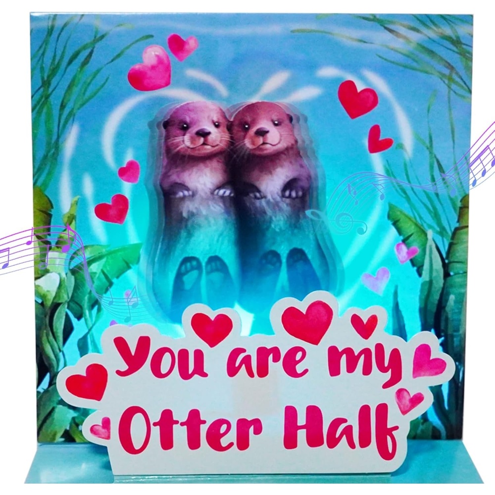 Ribbli Anniversary Card, Funny Otter Couple Dance with Light and Music, Pop Up Musical Birthday Cards for Husband Wife, Romantic Gift for Valentines Day, 6.1 x 6.1 Inches with Envelope