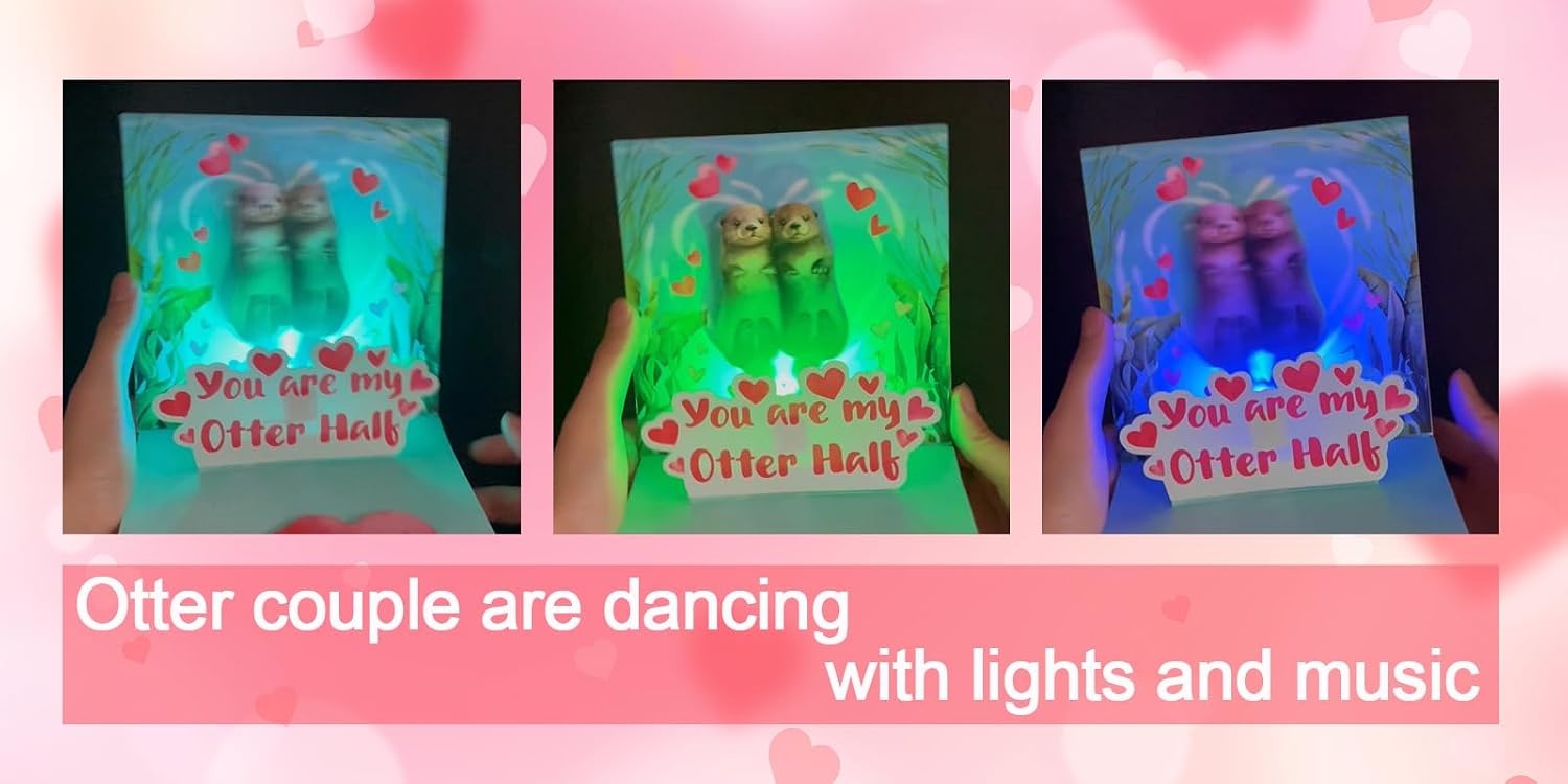 Ribbli Anniversary Card, Funny Otter Couple Dance with Light and Music, Pop Up Musical Birthday Cards for Husband Wife, Romantic Gift for Valentines Day, 6.1 x 6.1 Inches with Envelope
