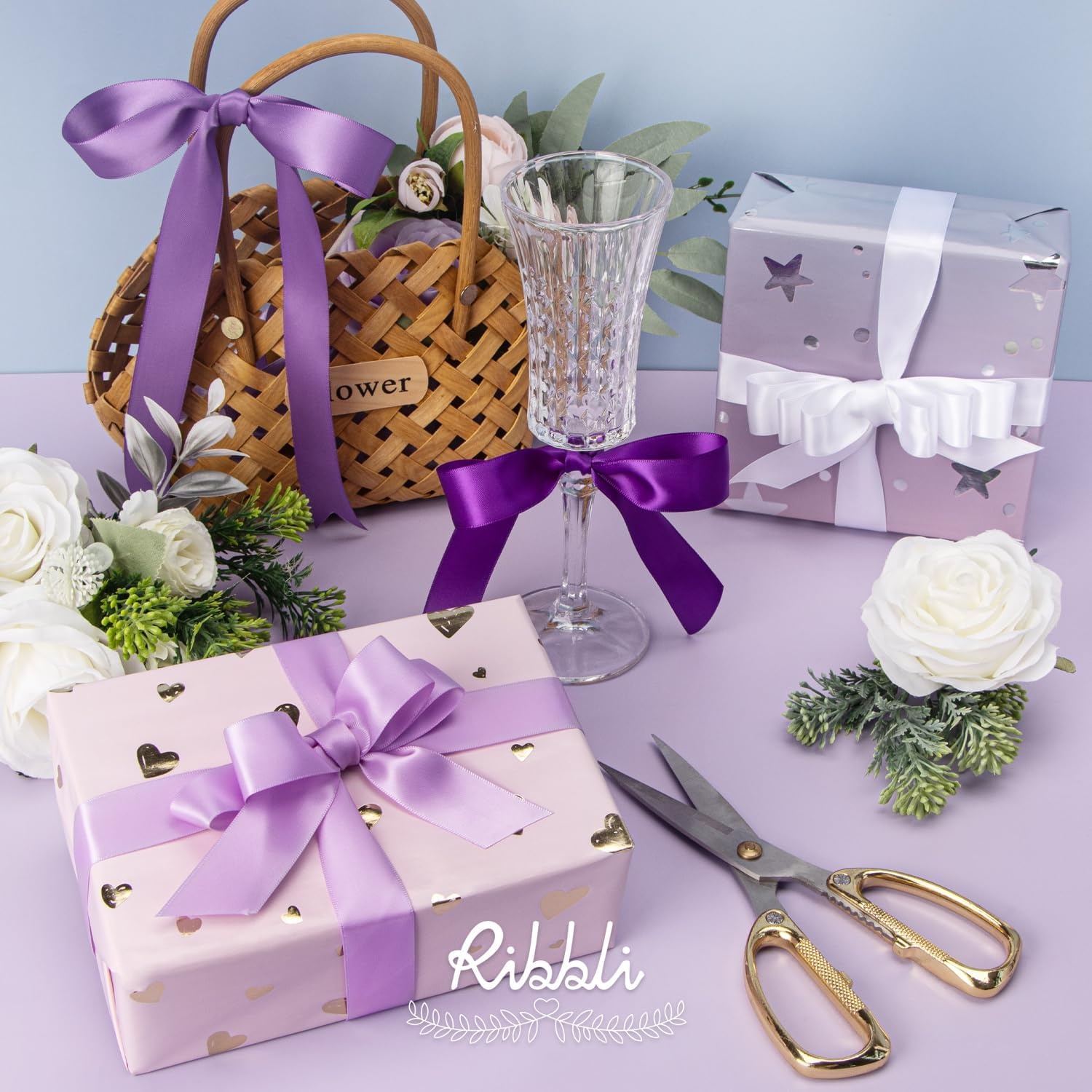 Ribbli Dusty Blue Satin Ribbon 3/8 Inch x 4 Rolls Total 40 Yards- Light Blue/Dusty Blue/Smoke Blue/Light Navy Ribbon for Wrapping and Craft(Purple)