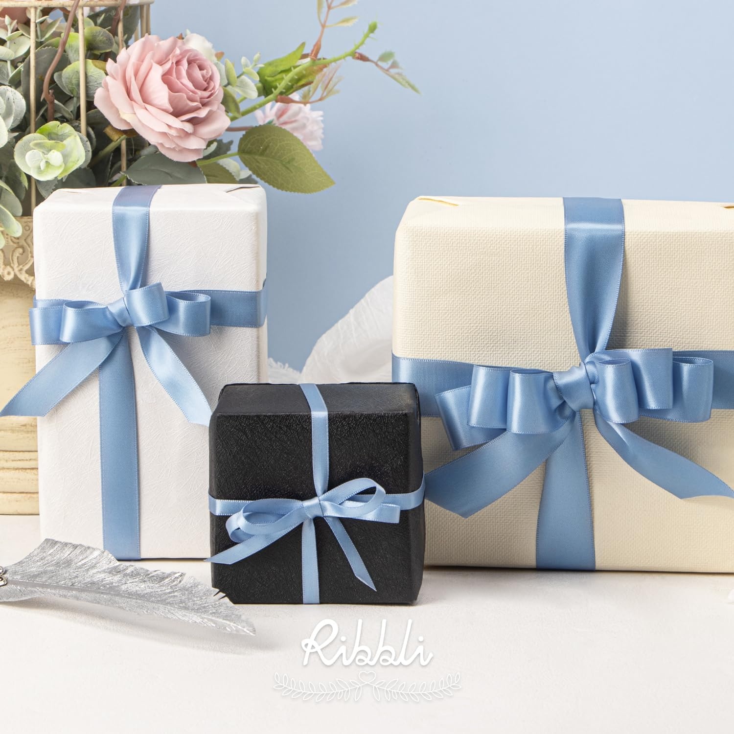 Ribbli 3 Rolls Double Faced Satin Red Craft Ribbon,Total 30 Yards,(1/4 Inch x 10-Yard,5/8 Inch x 10-Yard,1 Inch x 10-Yard),Use for Bows Bouquet,Wreath,Gift Wrapping,Christmas Decoration(Dusty Blue)