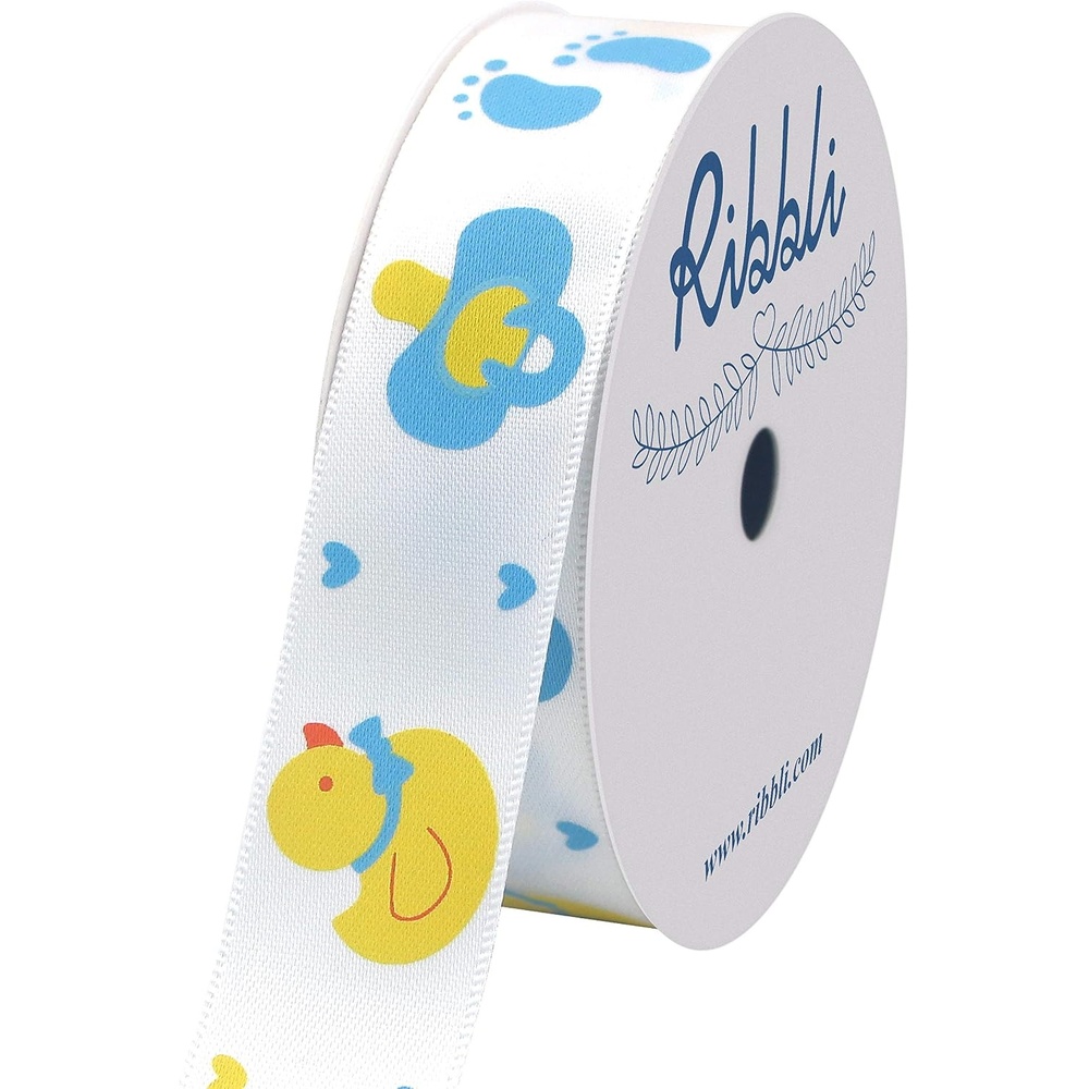 Ribbli Satin Pink Rubber Ducky Craft Ribbon,7/8-Inch x 10-Yard,Pink/White/Yellow,Use for Hair Bows,Wreath,Birthday,Baby Shower,Diaper Cake,Gift Wrapping,Party Decoration,All Crafting and Sewing(Blue Rubber Ducky)