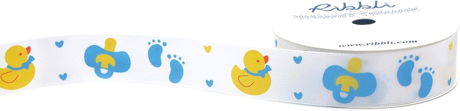 Ribbli Satin Pink Rubber Ducky Craft Ribbon,7/8-Inch x 10-Yard,Pink/White/Yellow,Use for Hair Bows,Wreath,Birthday,Baby Shower,Diaper Cake,Gift Wrapping,Party Decoration,All Crafting and Sewing(Blue Rubber Ducky)