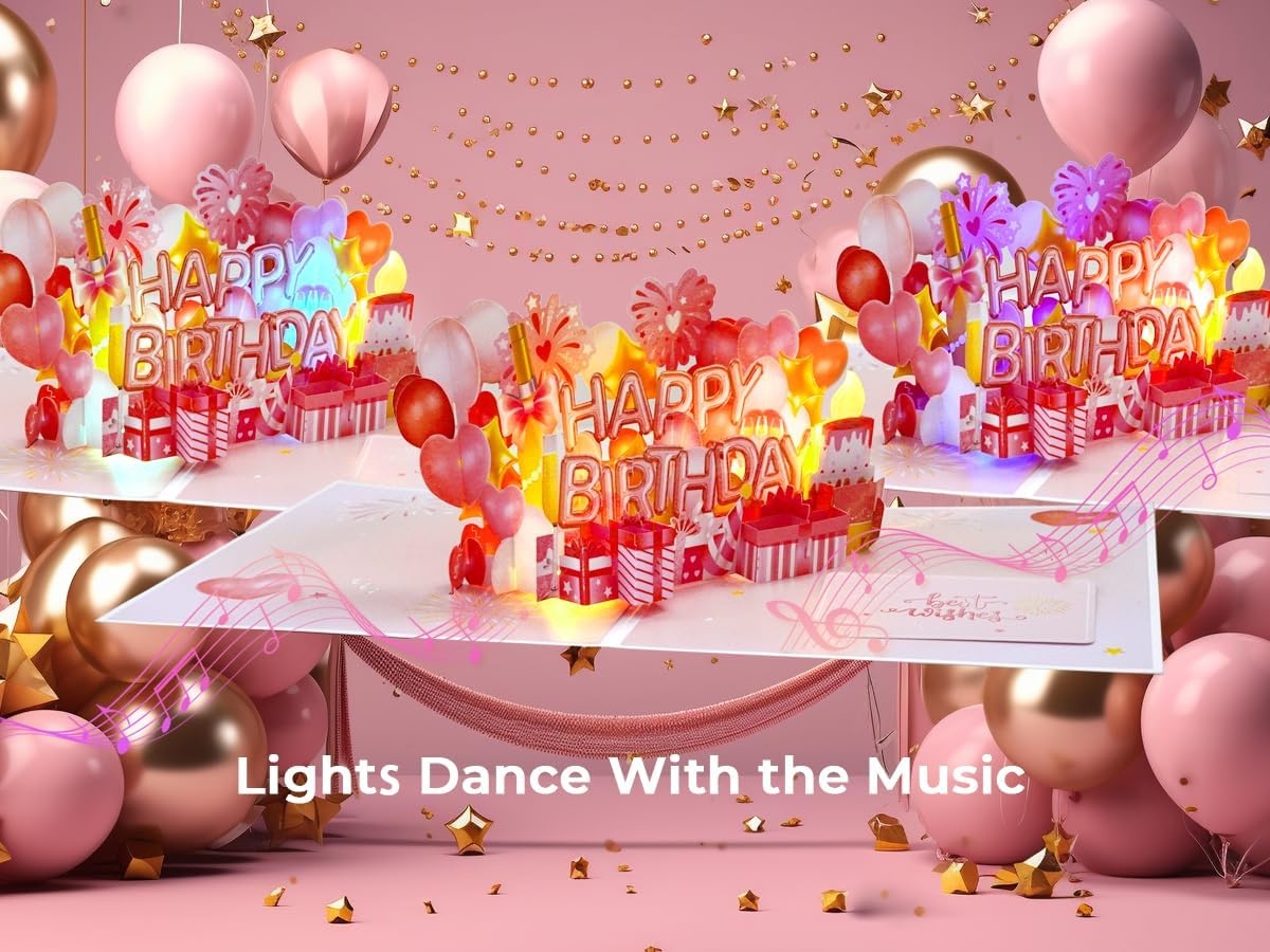 Ribbli Birthday Cards, Rose Pink Pop Up Birthday Card with Light and Music for Women Mom Daughter Girlfriend Wife, 7.9 x 5.9 Inches with Envelope