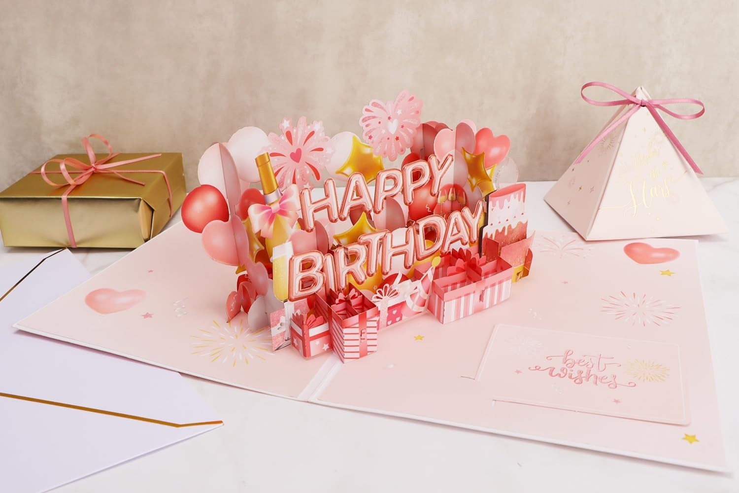 Ribbli Birthday Cards, Rose Pink Pop Up Birthday Card with Light and Music for Women Mom Daughter Girlfriend Wife, 7.9 x 5.9 Inches with Envelope