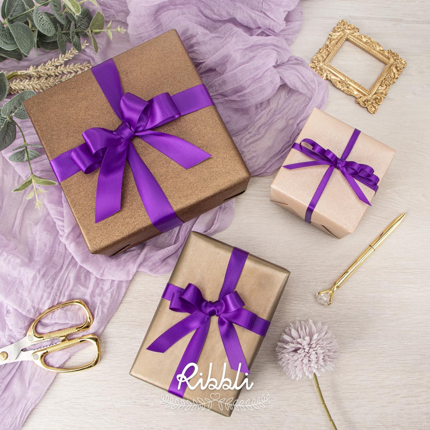 Ribbli 3 Rolls Double Faced Satin Red Craft Ribbon,Total 30 Yards,(1/4 Inch x 10-Yard,5/8 Inch x 10-Yard,1 Inch x 10-Yard),Use for Bows Bouquet,Wreath,Gift Wrapping,Christmas Decoration(Purple)