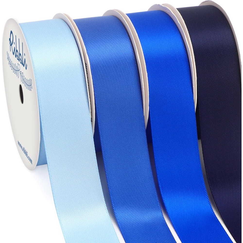Ribbli Dusty Blue Satin Ribbon 3/8 Inch x 4 Rolls Total 40 Yards- Light Blue/Dusty Blue/Smoke Blue/Light Navy Ribbon for Wrapping and Craft(Blue & Navy)