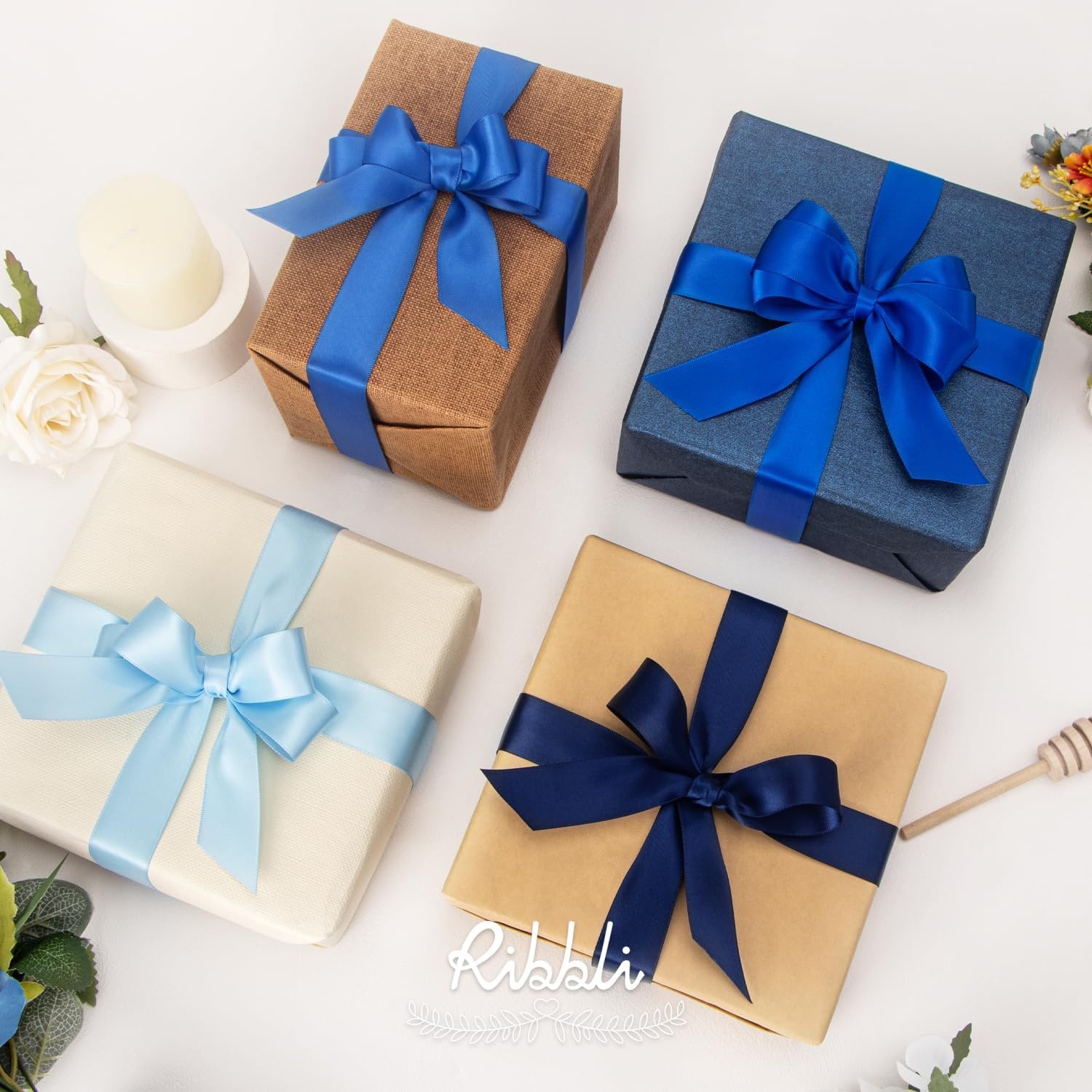 Ribbli Dusty Blue Satin Ribbon 3/8 Inch x 4 Rolls Total 40 Yards- Light Blue/Dusty Blue/Smoke Blue/Light Navy Ribbon for Wrapping and Craft(Blue & Navy)
