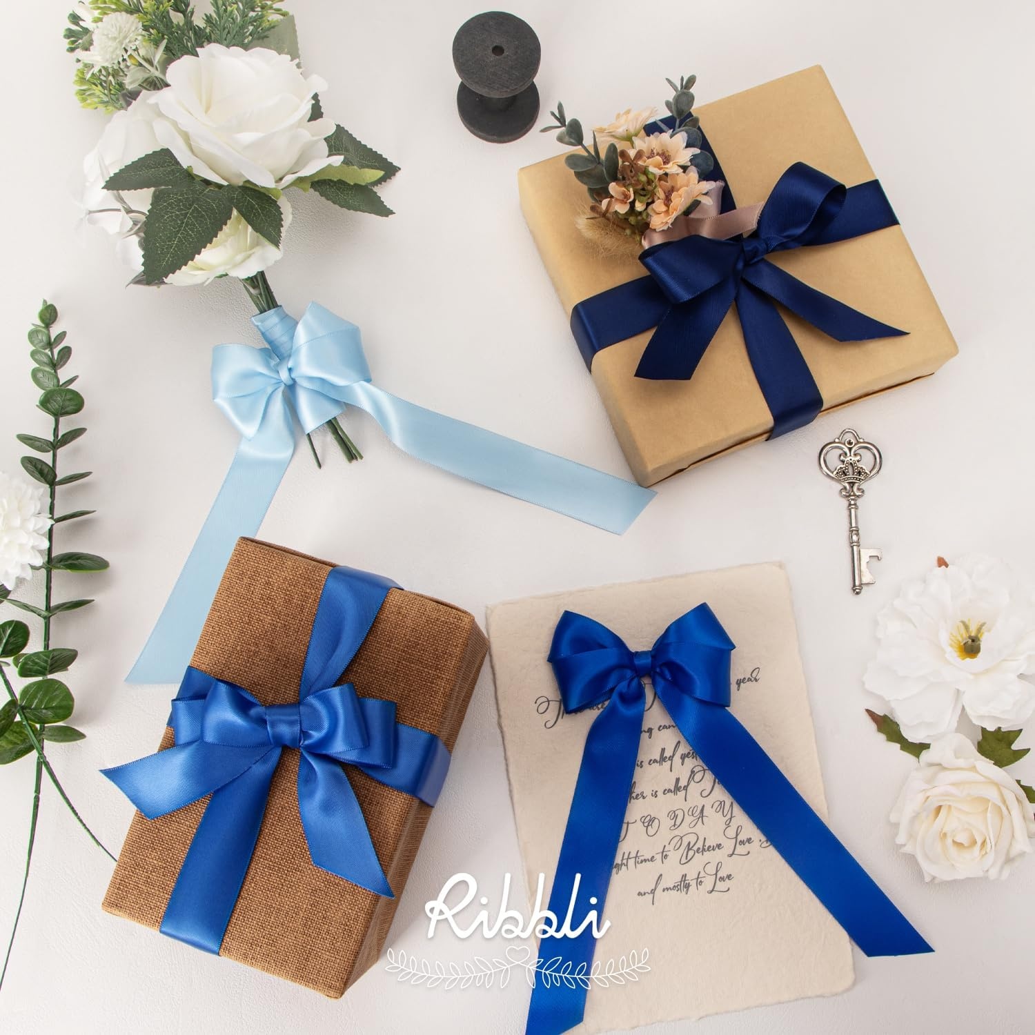 Ribbli Dusty Blue Satin Ribbon 3/8 Inch x 4 Rolls Total 40 Yards- Light Blue/Dusty Blue/Smoke Blue/Light Navy Ribbon for Wrapping and Craft(Blue & Navy)