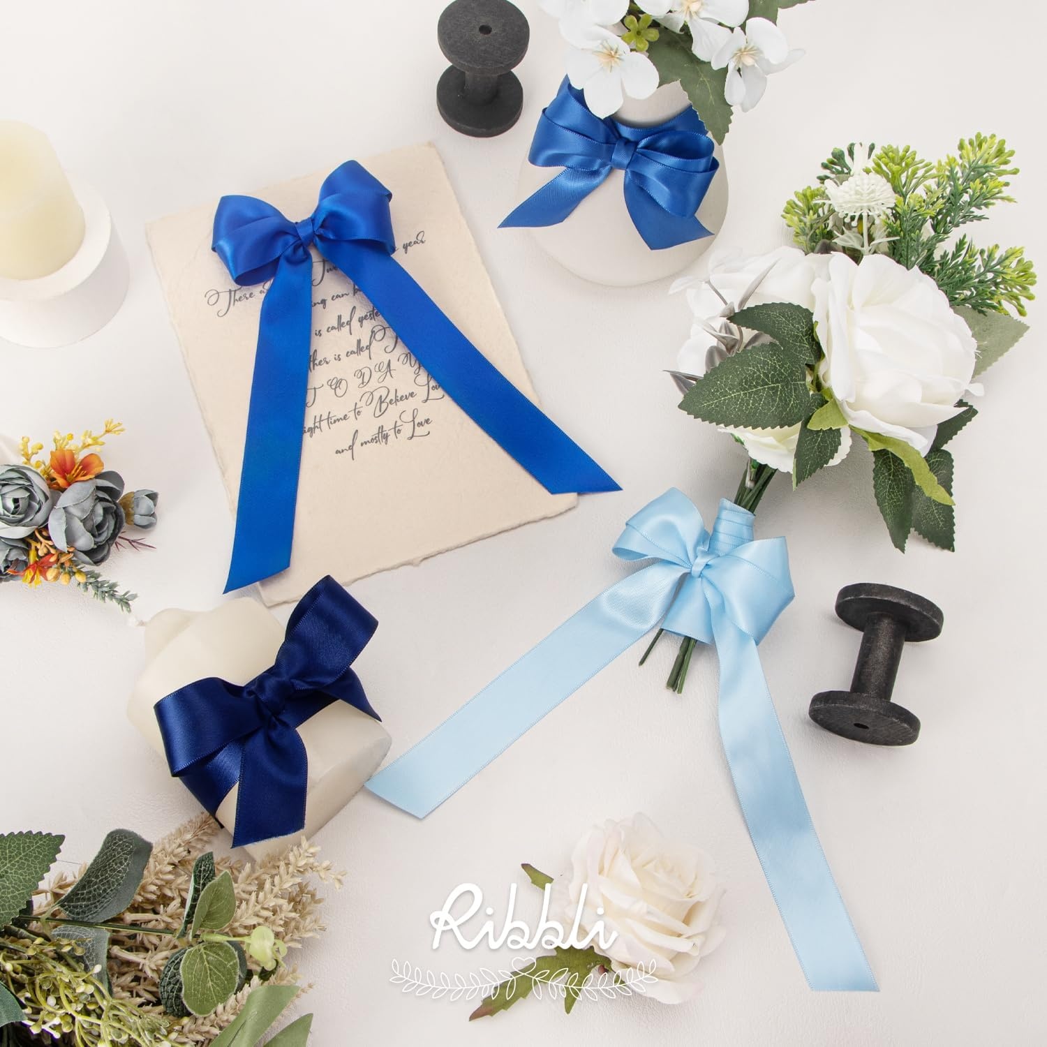 Ribbli Dusty Blue Satin Ribbon 3/8 Inch x 4 Rolls Total 40 Yards- Light Blue/Dusty Blue/Smoke Blue/Light Navy Ribbon for Wrapping and Craft(Blue & Navy)