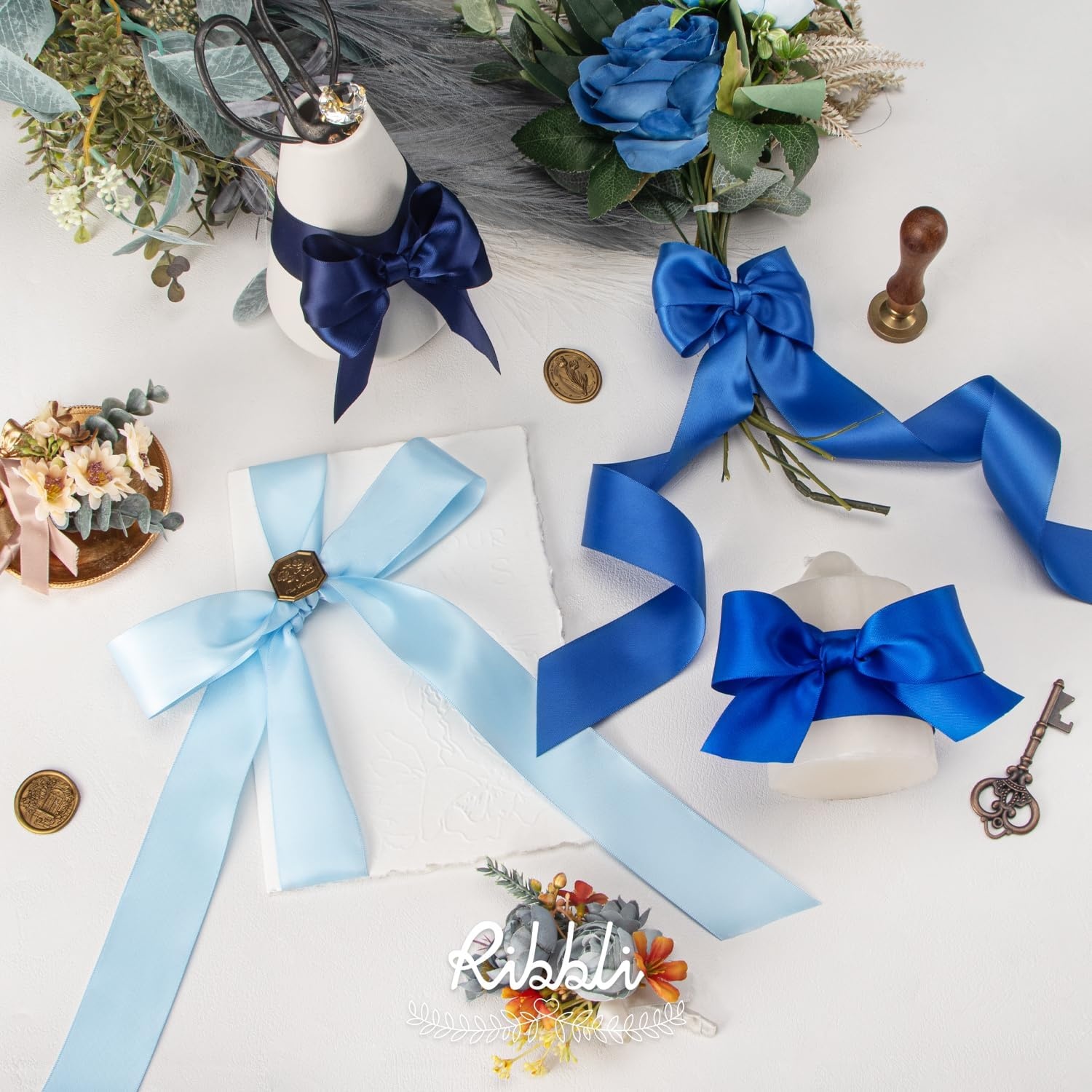 Ribbli Dusty Blue Satin Ribbon 3/8 Inch x 4 Rolls Total 40 Yards- Light Blue/Dusty Blue/Smoke Blue/Light Navy Ribbon for Wrapping and Craft(Blue & Navy)