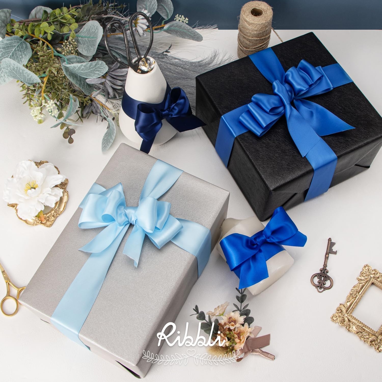 Ribbli Dusty Blue Satin Ribbon 3/8 Inch x 4 Rolls Total 40 Yards- Light Blue/Dusty Blue/Smoke Blue/Light Navy Ribbon for Wrapping and Craft(Blue & Navy)