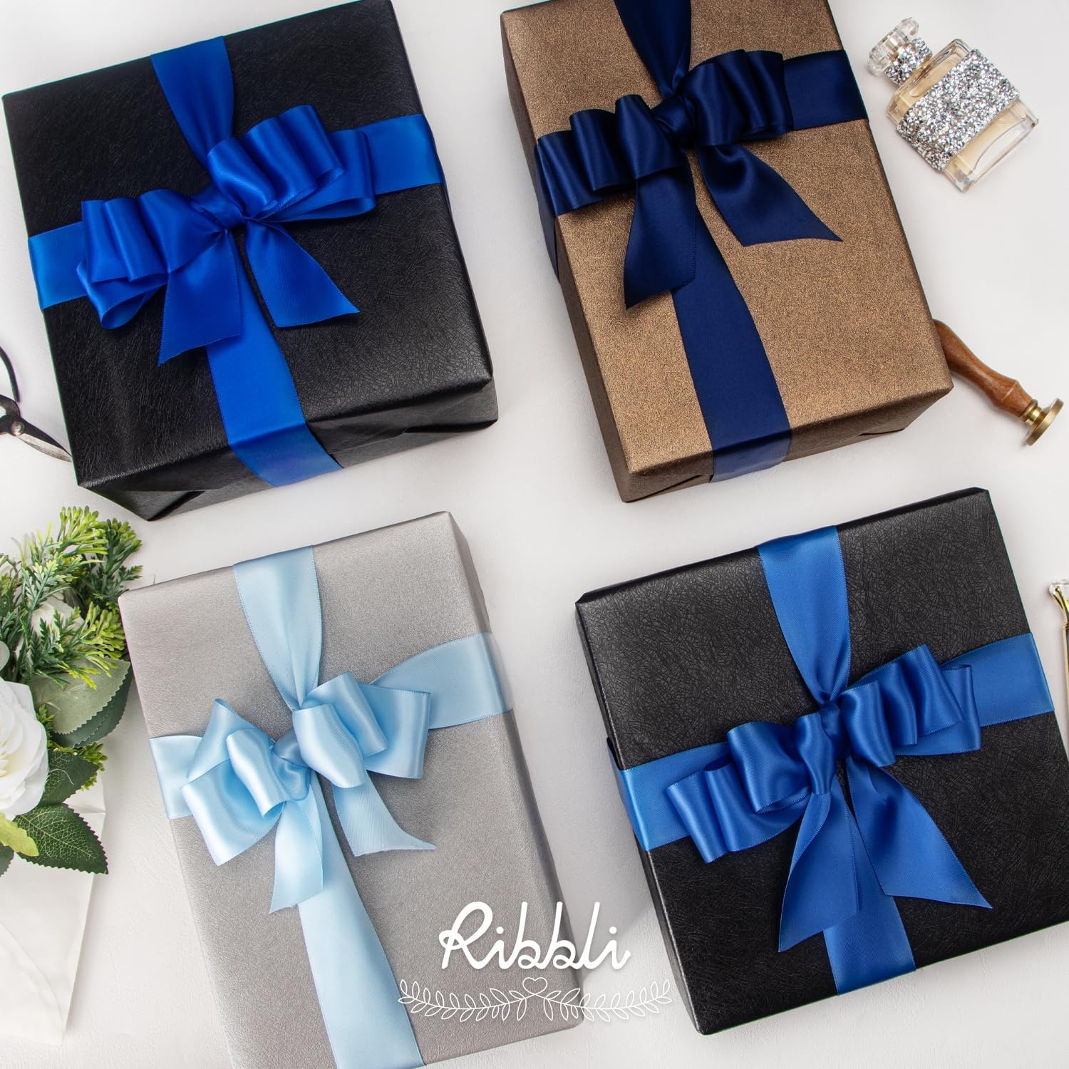 Ribbli Dusty Blue Satin Ribbon 3/8 Inch x 4 Rolls Total 40 Yards- Light Blue/Dusty Blue/Smoke Blue/Light Navy Ribbon for Wrapping and Craft(Blue & Navy)