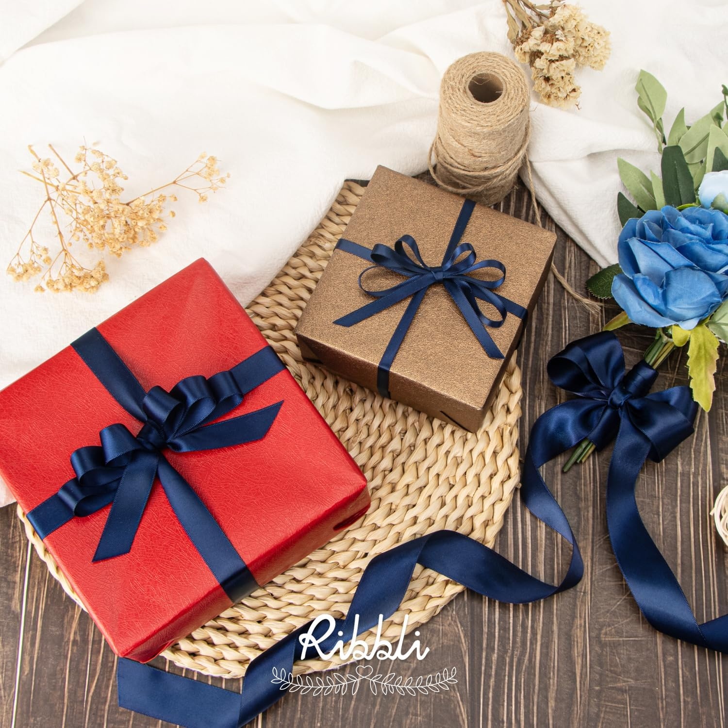 Ribbli 3 Rolls Double Faced Satin Red Craft Ribbon,Total 30 Yards,(1/4 Inch x 10-Yard,5/8 Inch x 10-Yard,1 Inch x 10-Yard),Use for Bows Bouquet,Wreath,Gift Wrapping,Christmas Decoration(Navy)
