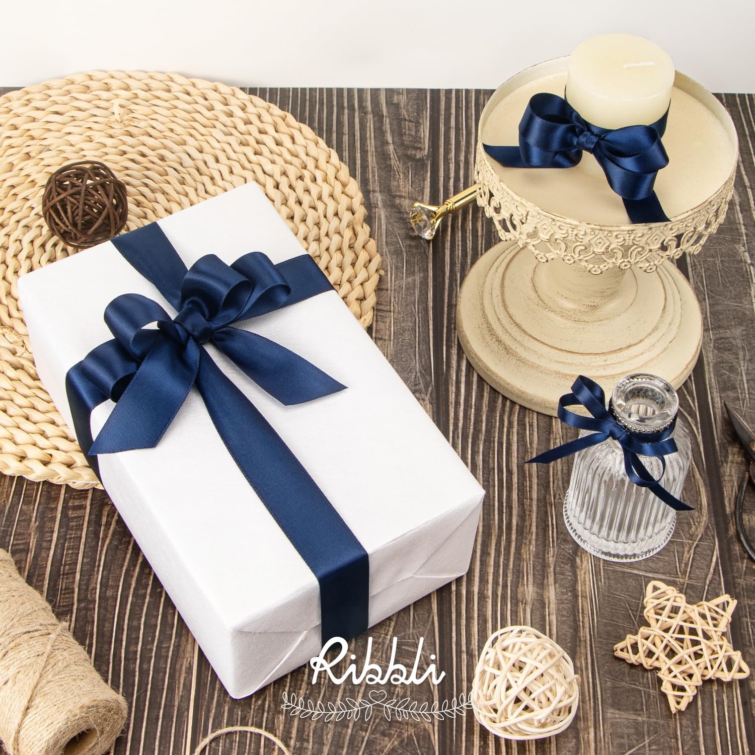 Ribbli 3 Rolls Double Faced Satin Red Craft Ribbon,Total 30 Yards,(1/4 Inch x 10-Yard,5/8 Inch x 10-Yard,1 Inch x 10-Yard),Use for Bows Bouquet,Wreath,Gift Wrapping,Christmas Decoration(Navy)